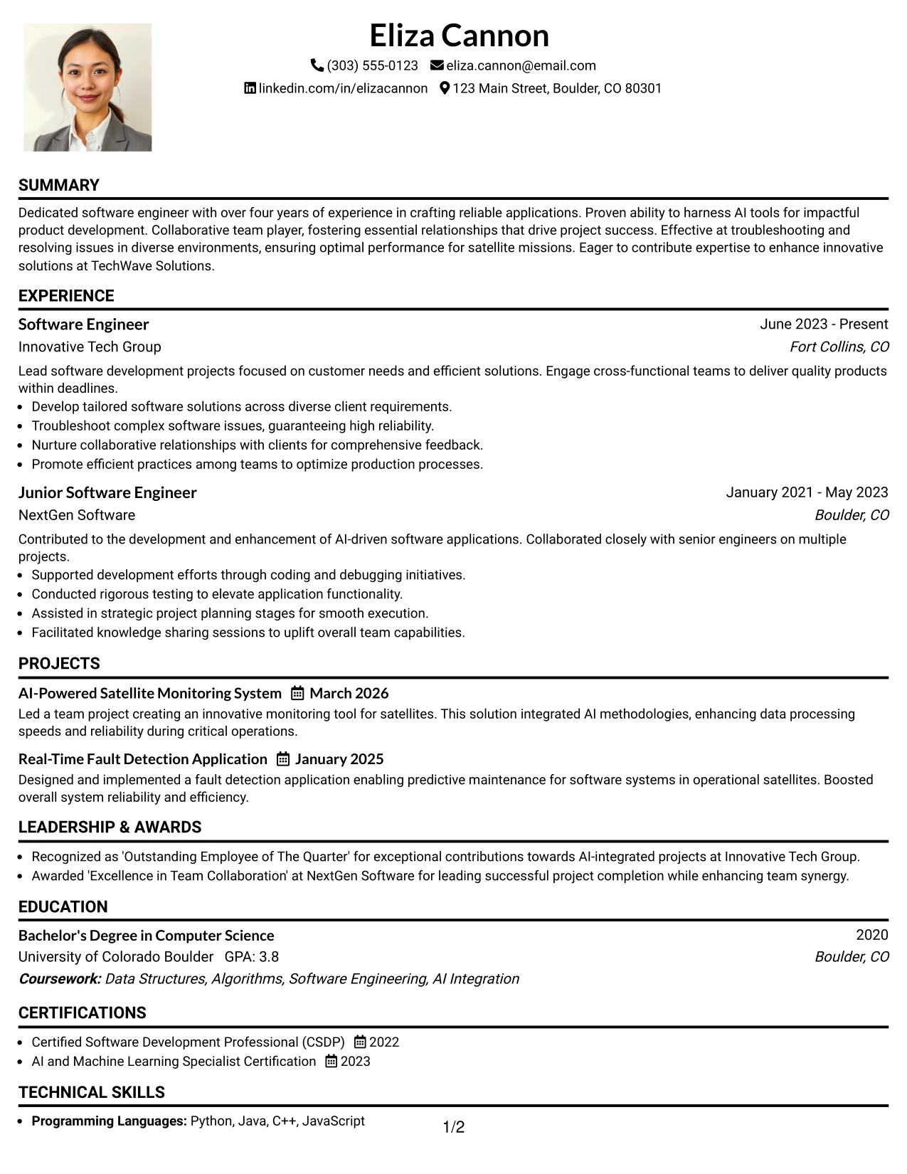 Resume Example Page 1