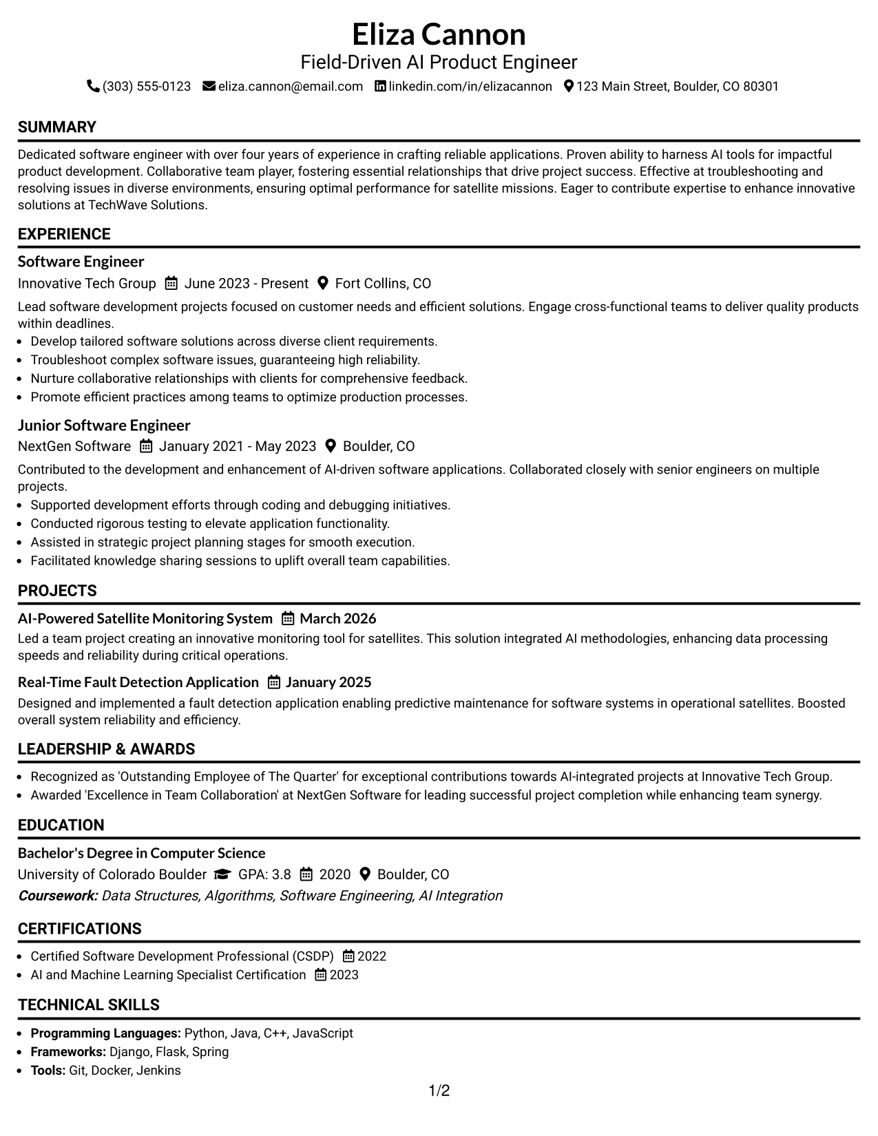 Resume Example Page 1