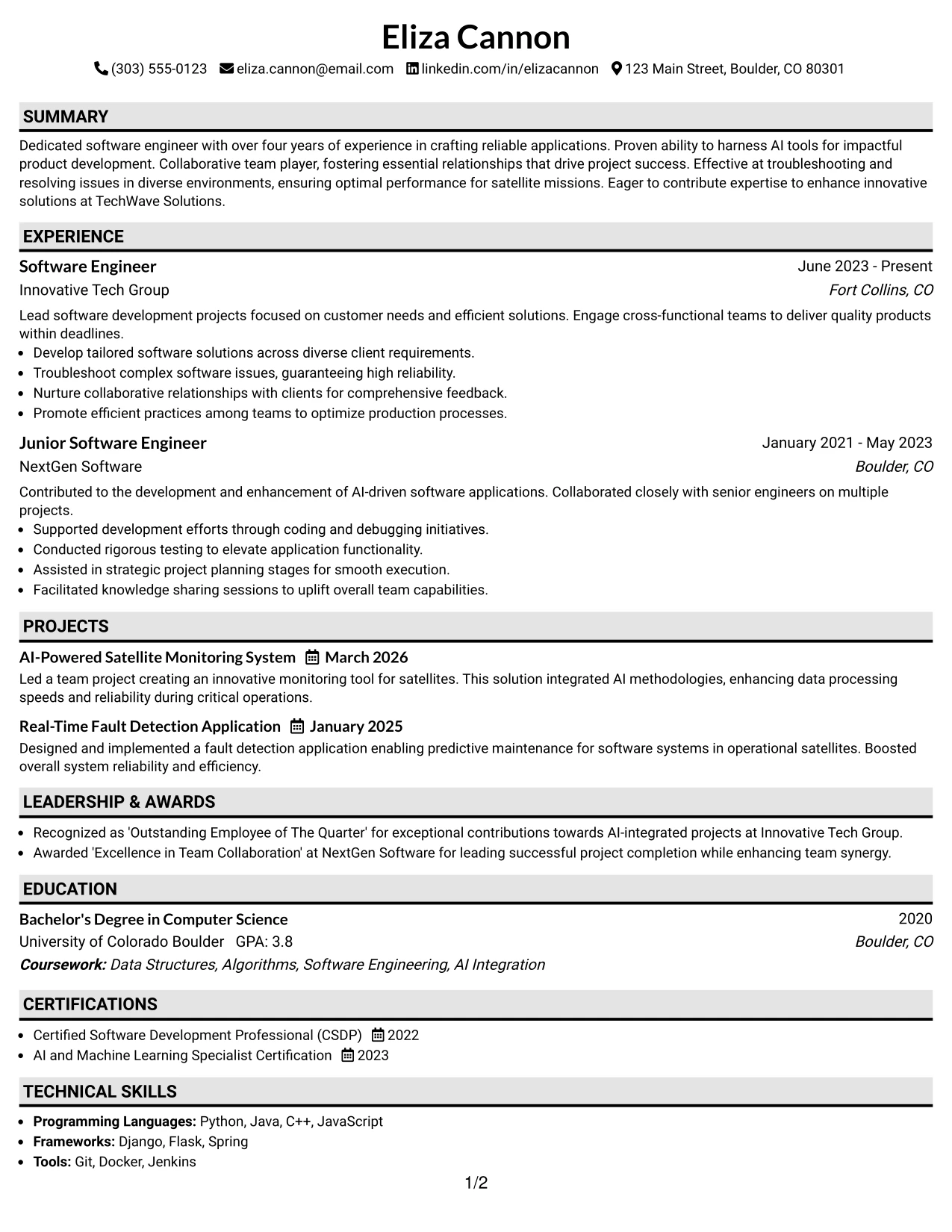 Resume Example Page 1