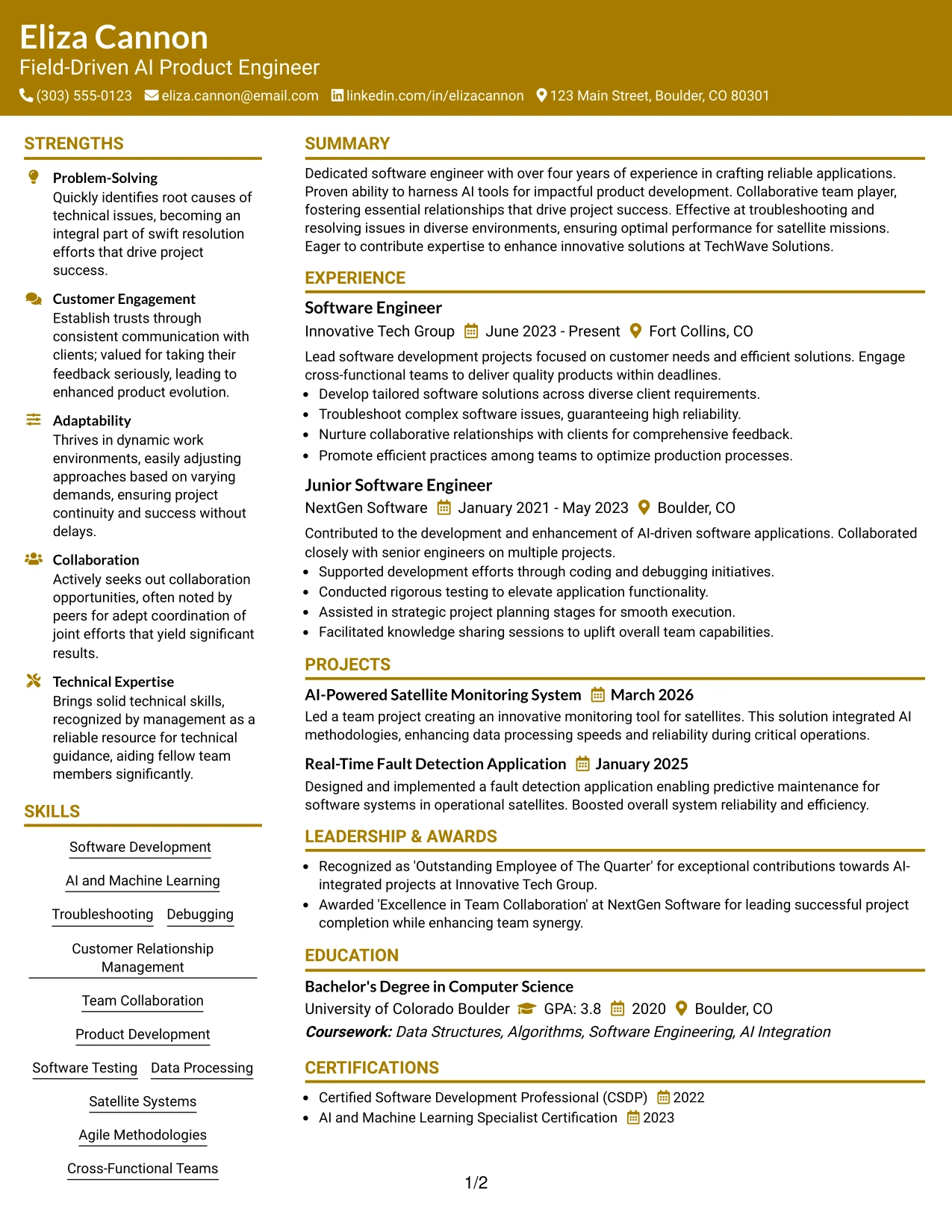 Resume Example Page 1
