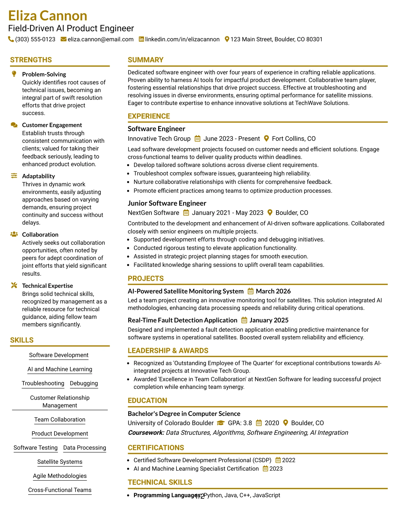 Resume Example Page 1
