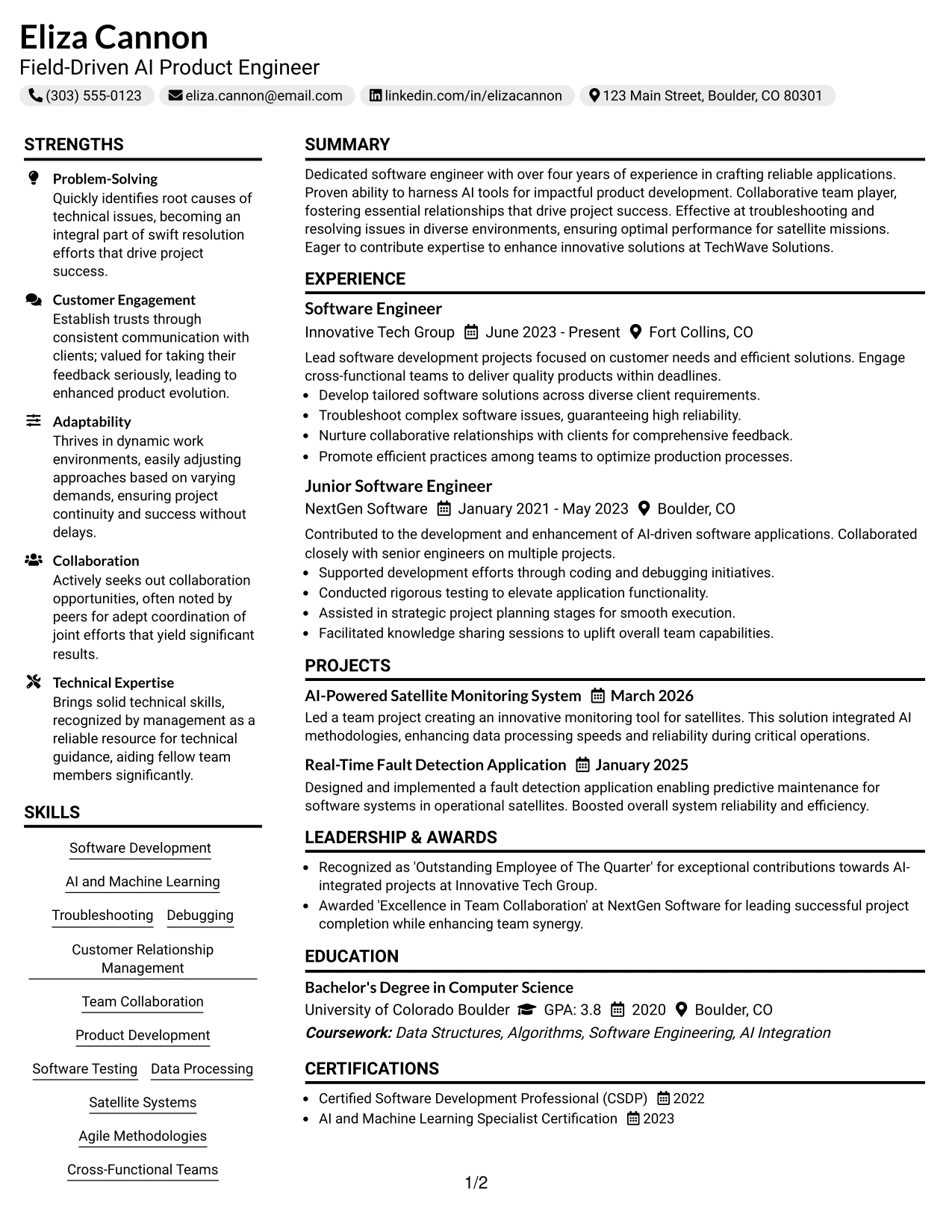 Resume Example Page 1