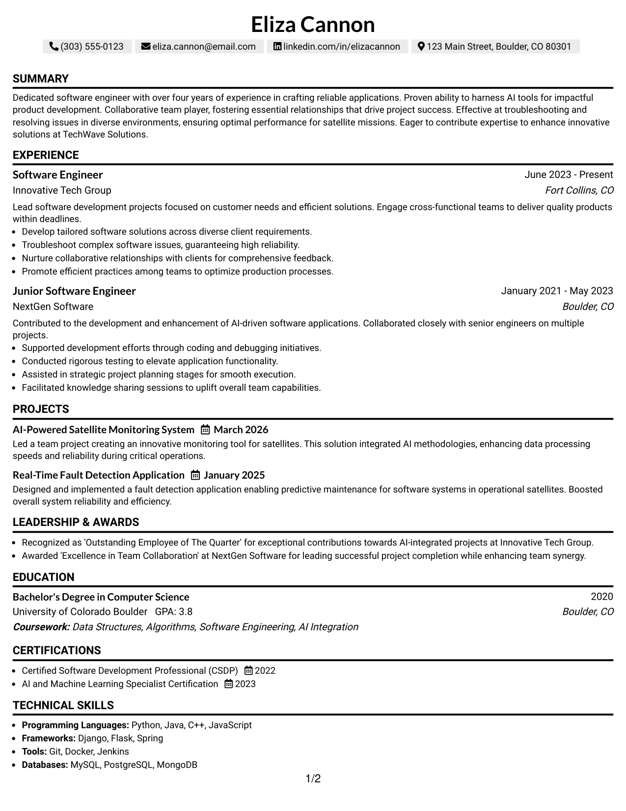 Resume Example Page 1