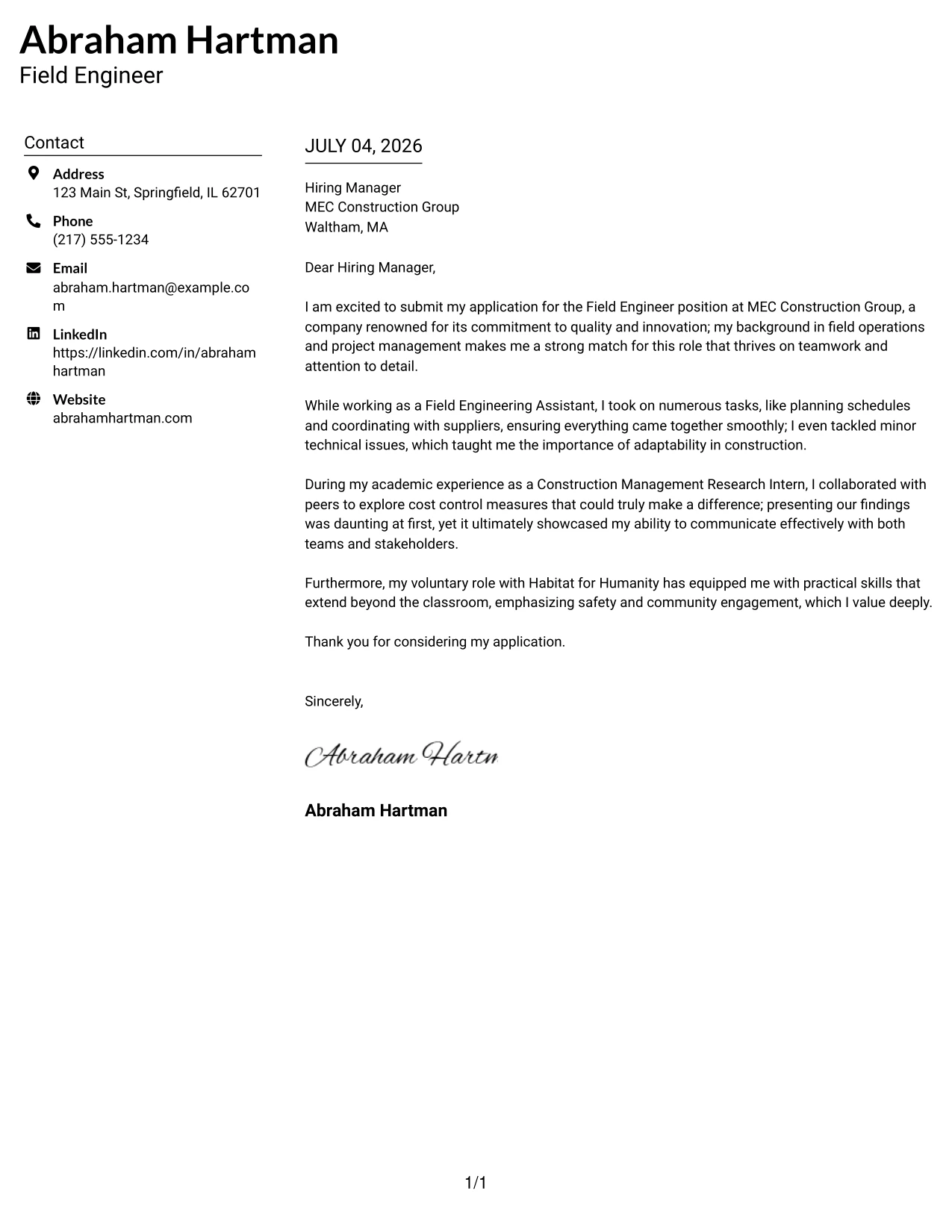 Resume Example Page 1