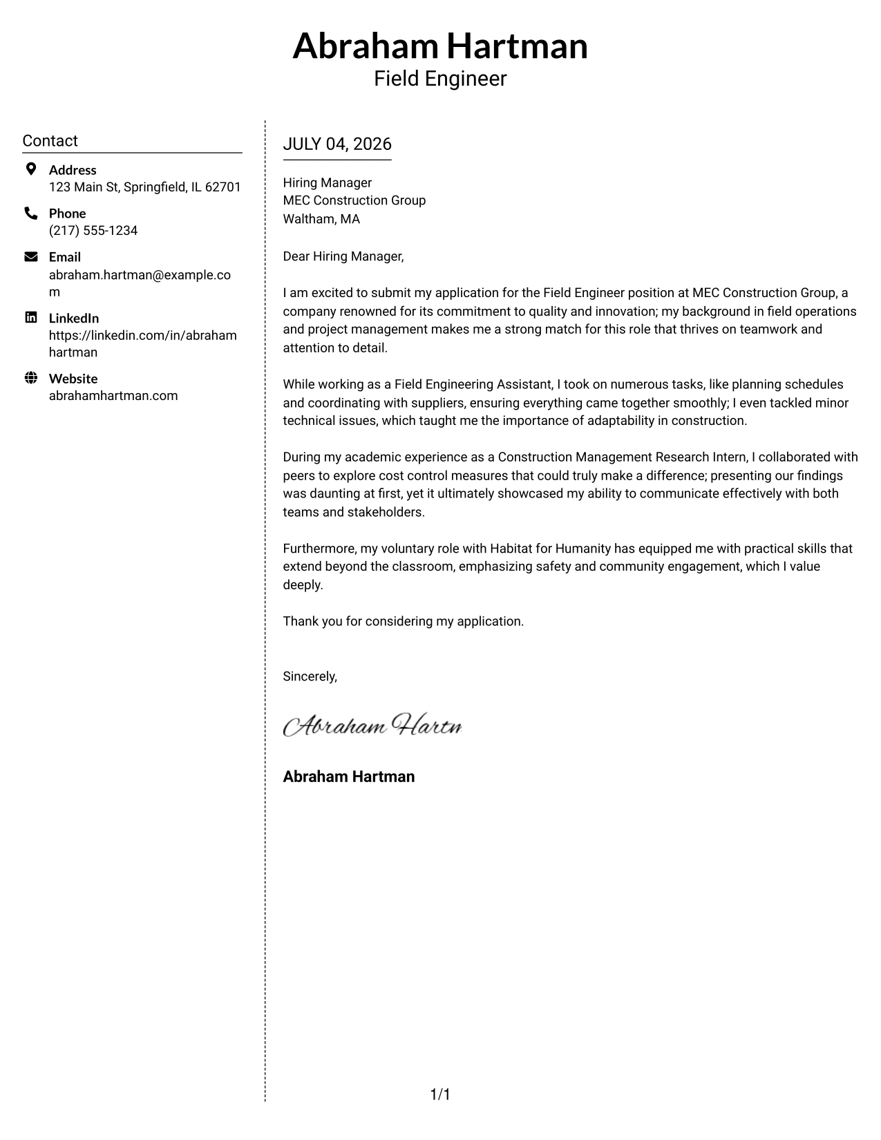 Resume Example Page 1
