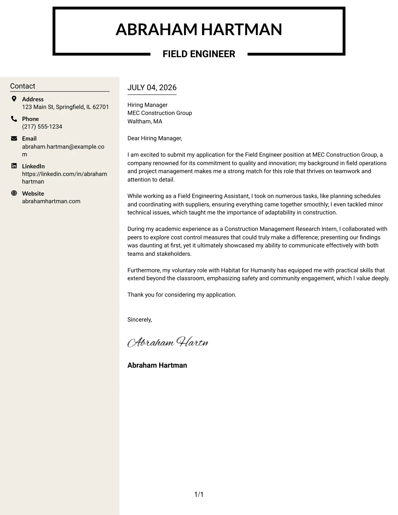 Resume Example Page 1