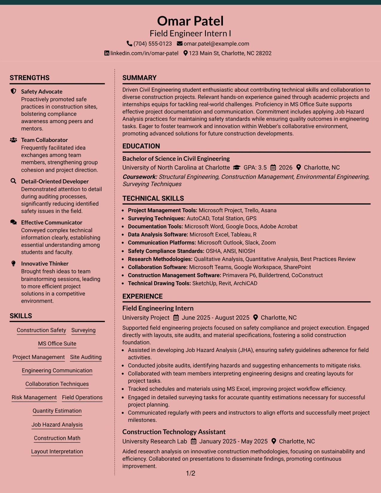 Resume Example Page 1