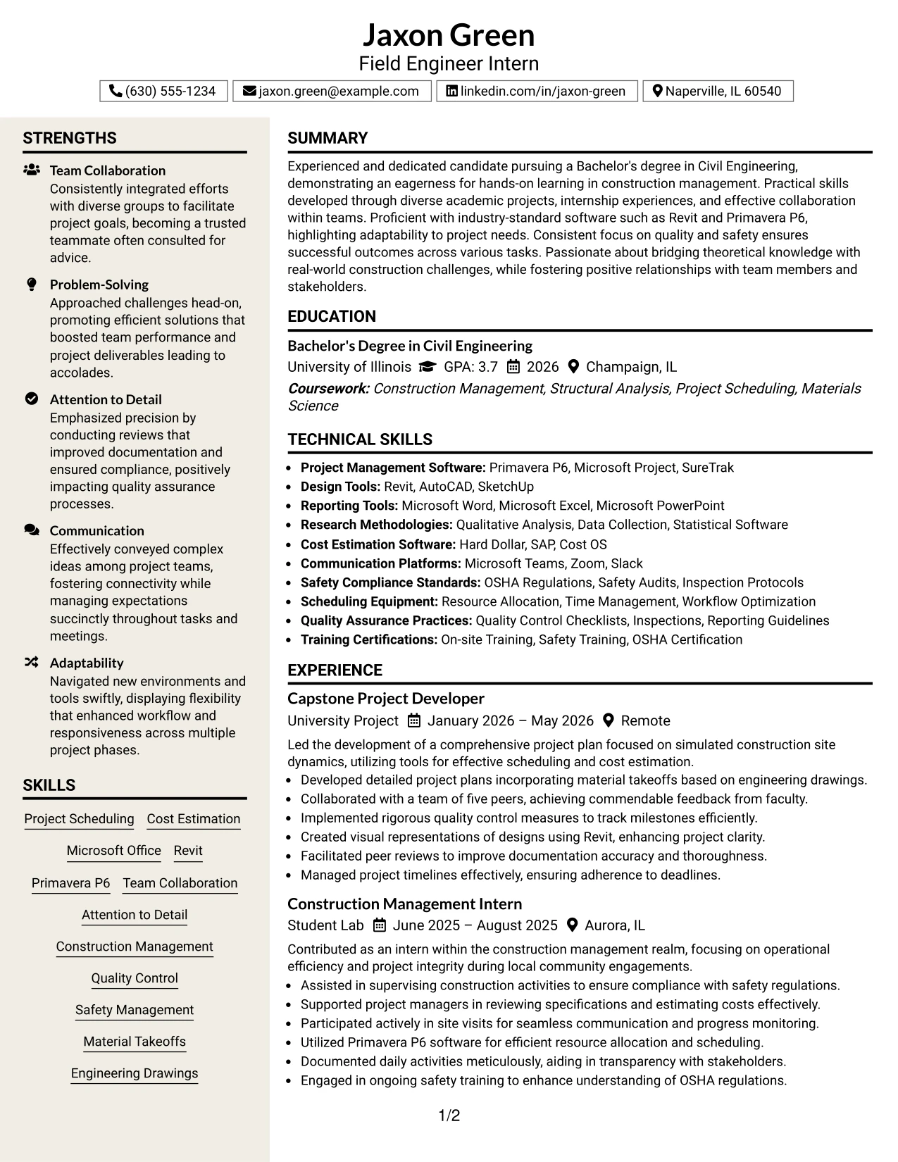 Resume Example Page 1