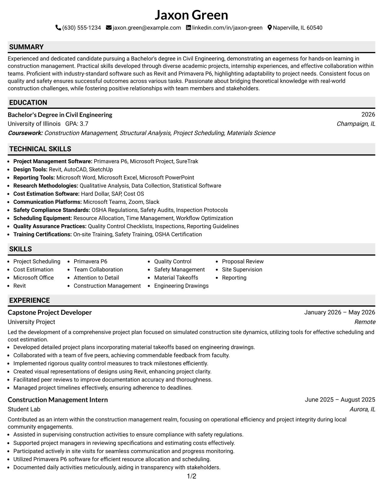 Resume Example Page 1
