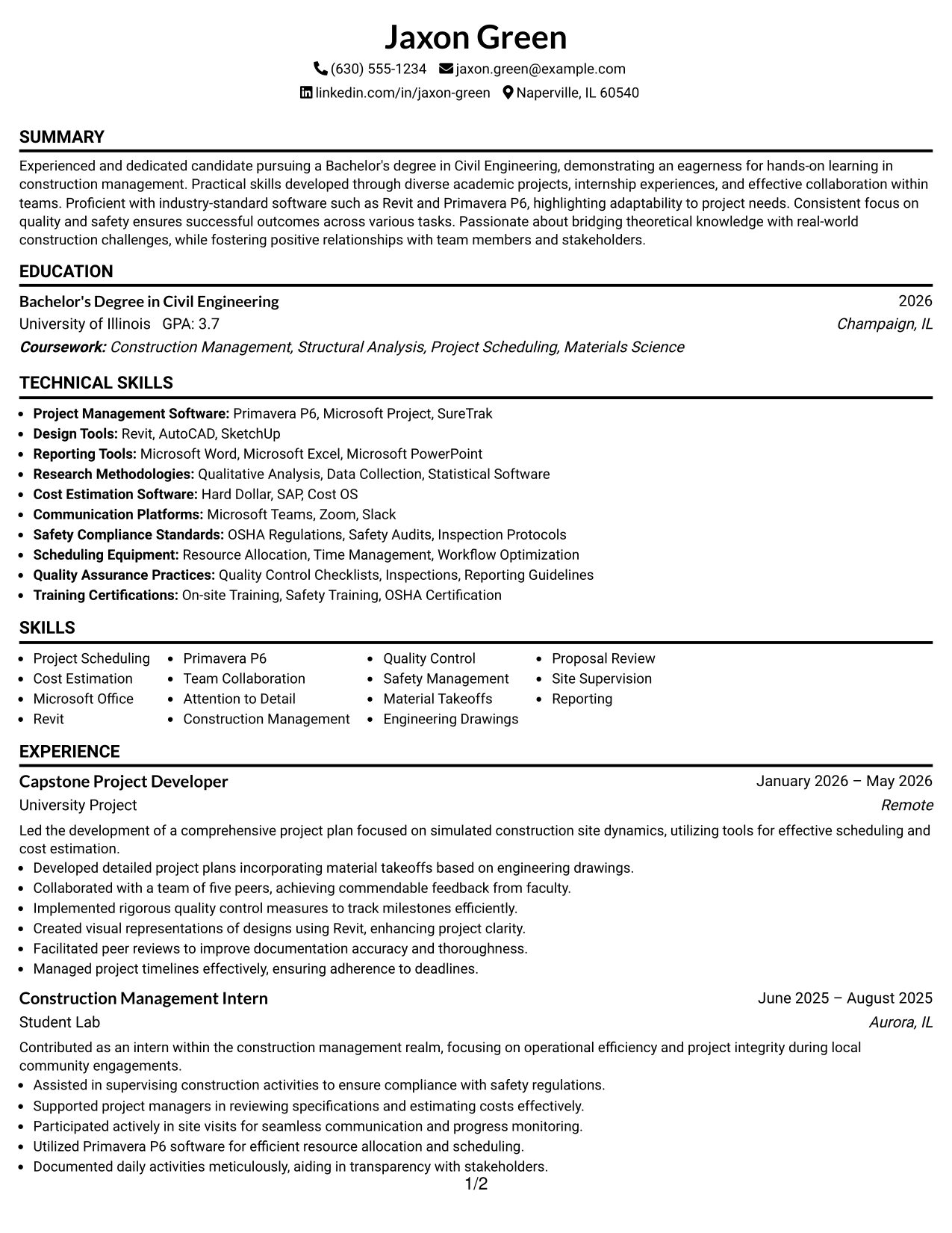 Resume Example Page 1