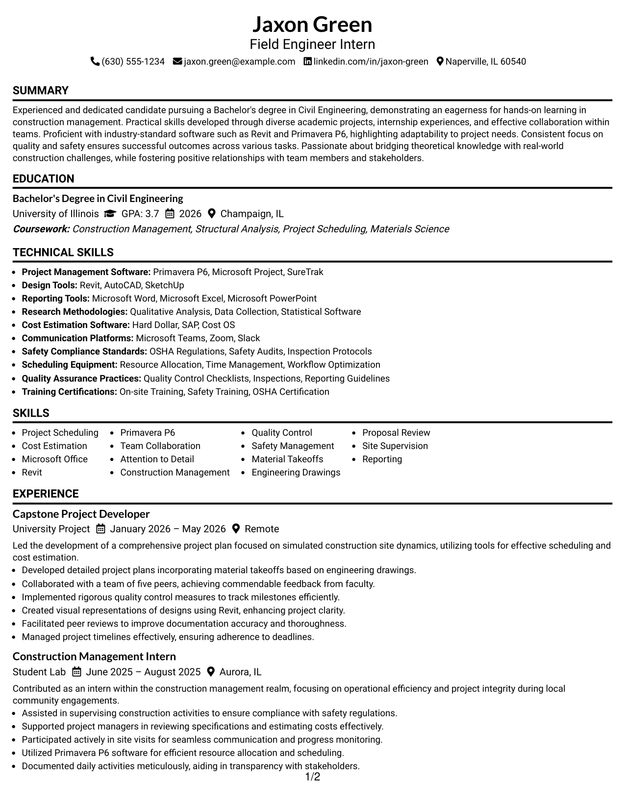 Resume Example Page 1