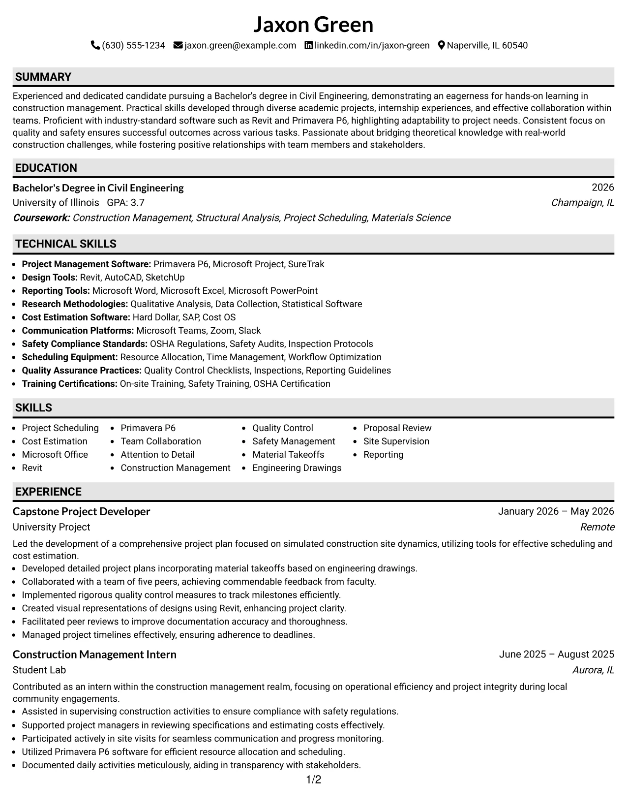Resume Example Page 1