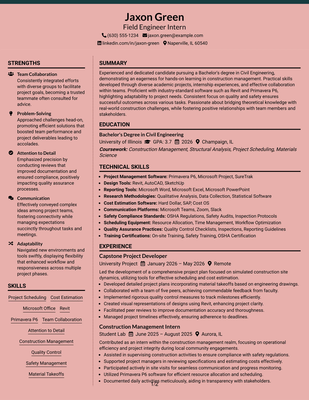 Resume Example Page 1