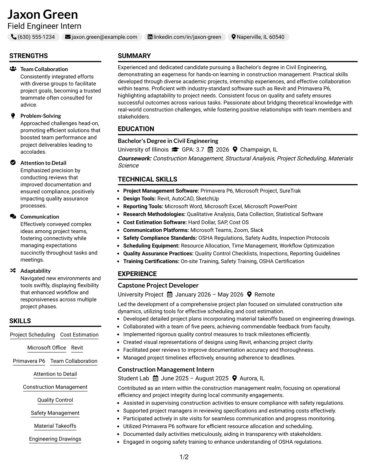 Resume Example Page 1