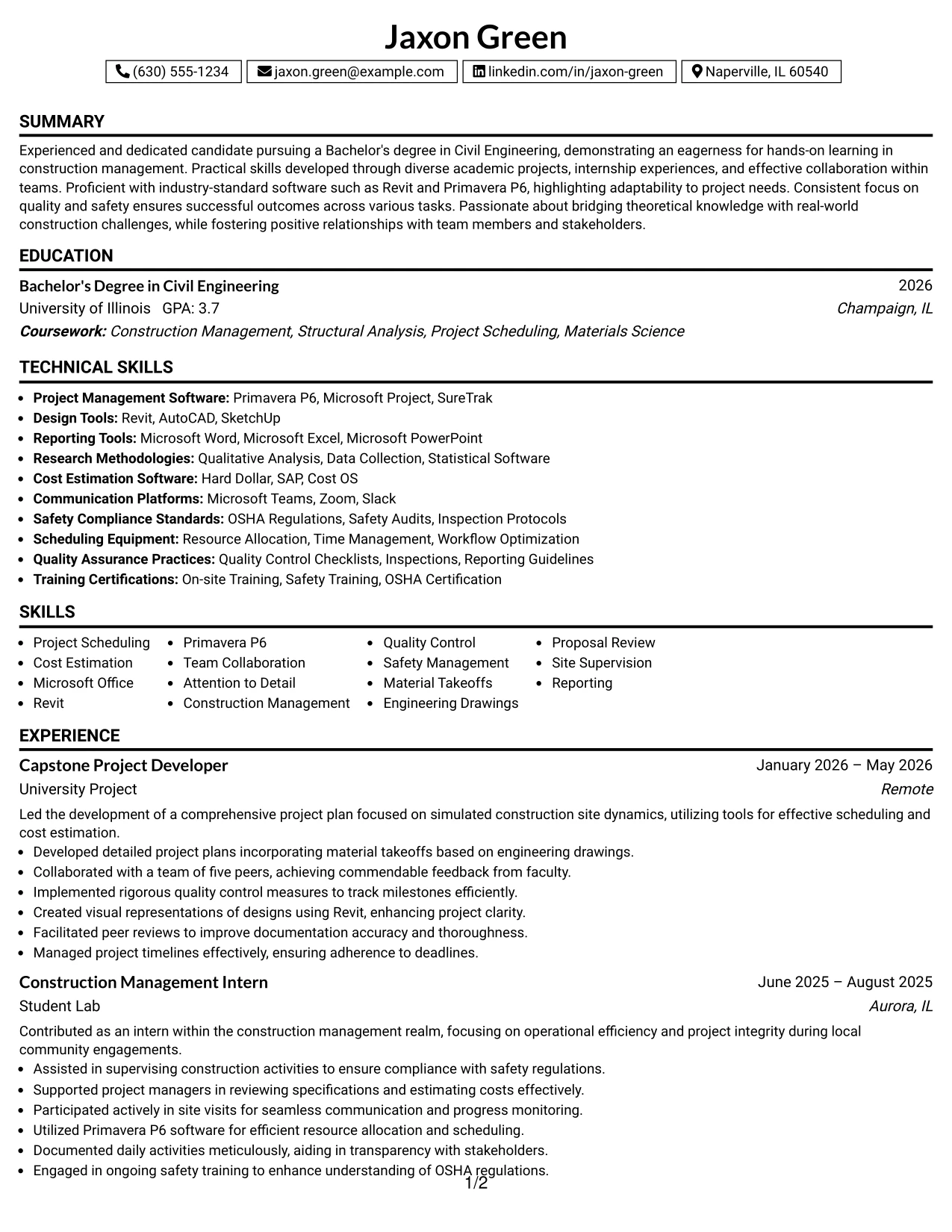 Resume Example Page 1