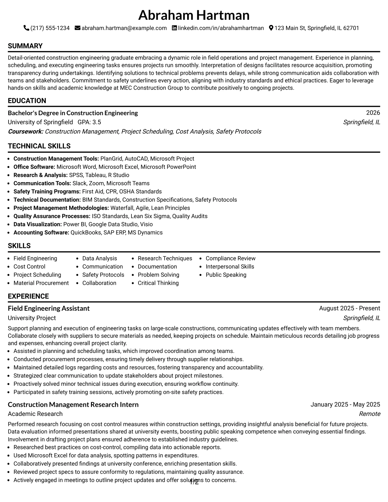 Resume Example Page 1
