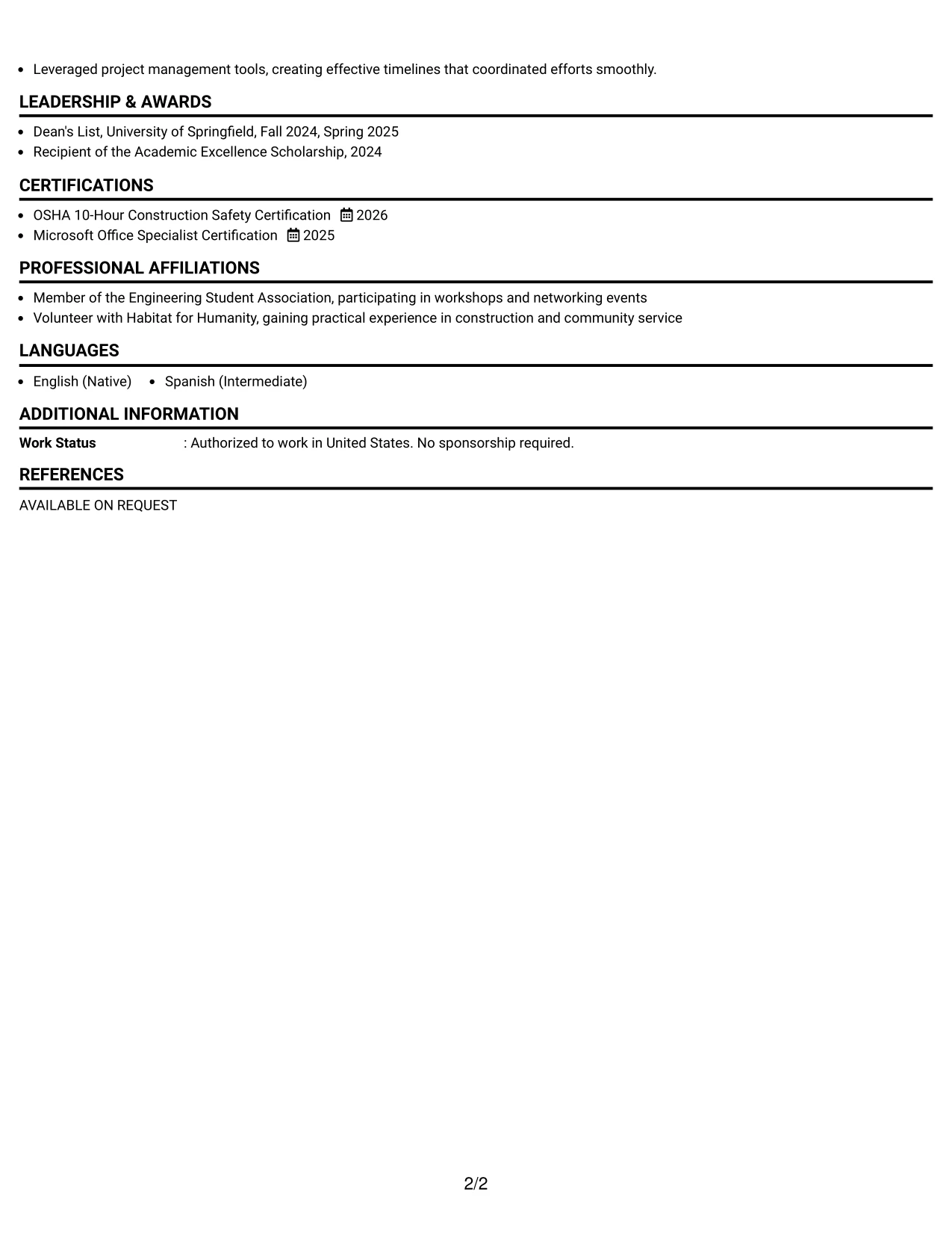 Resume Example Page 2