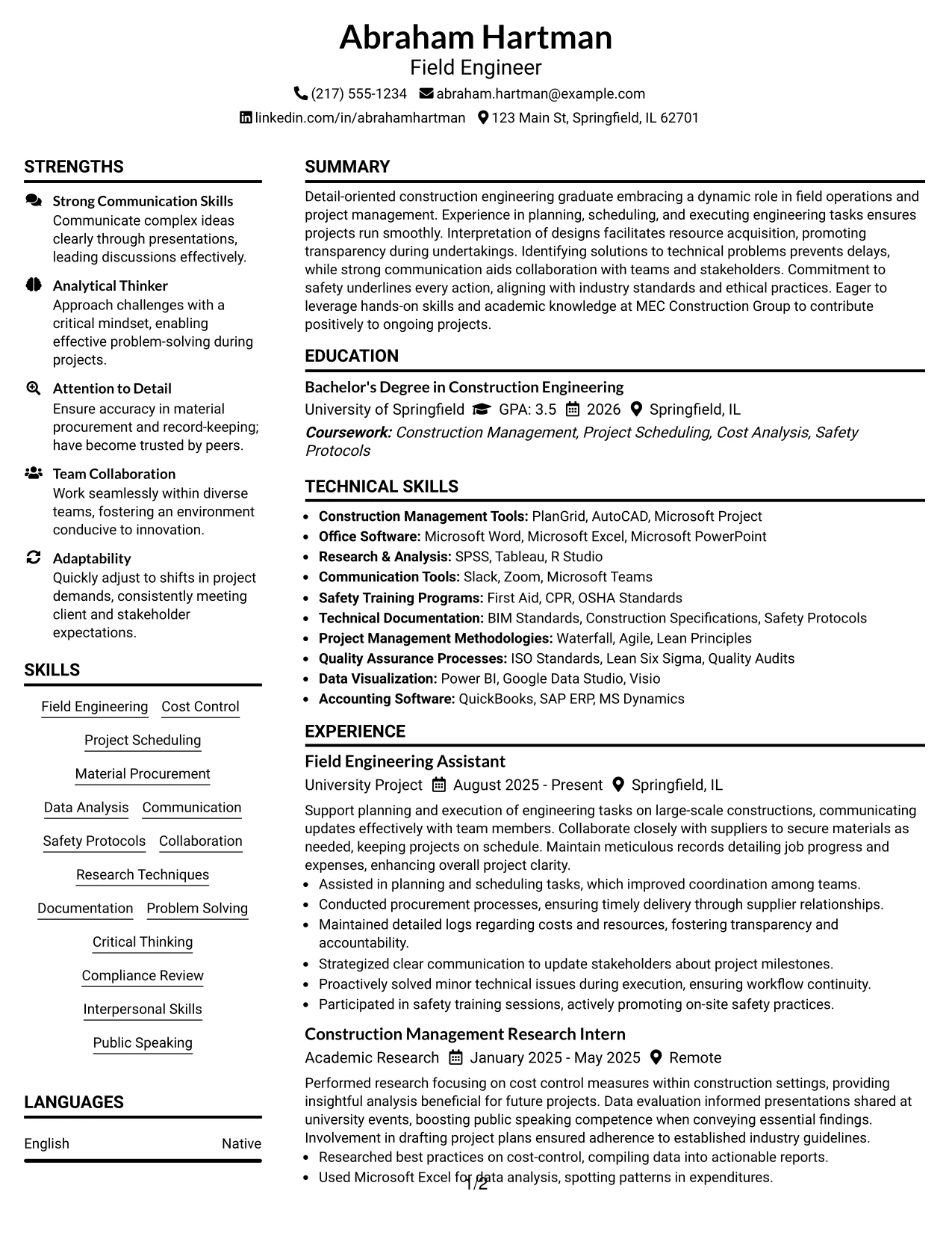 Resume Example Page 1
