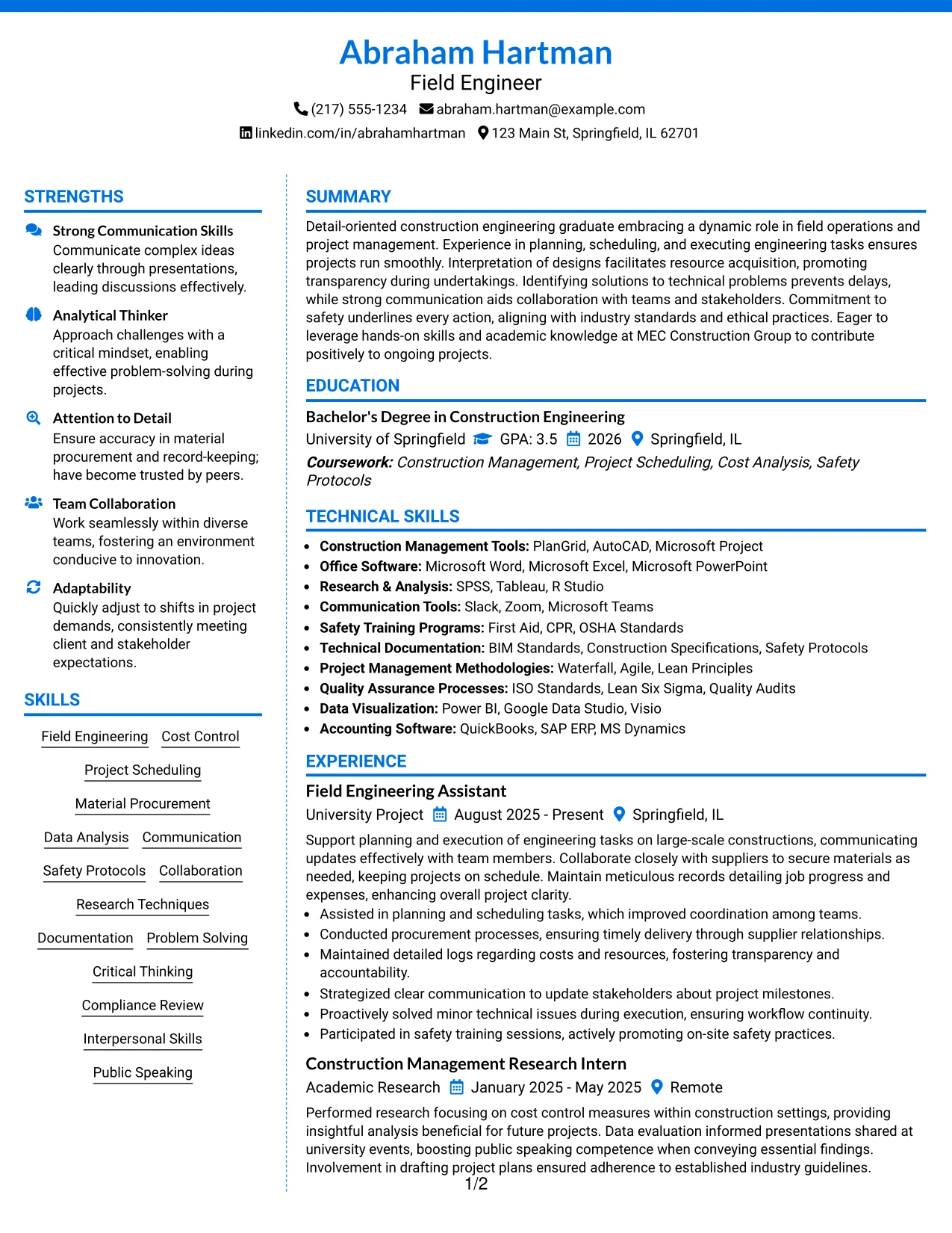 Resume Example Page 1