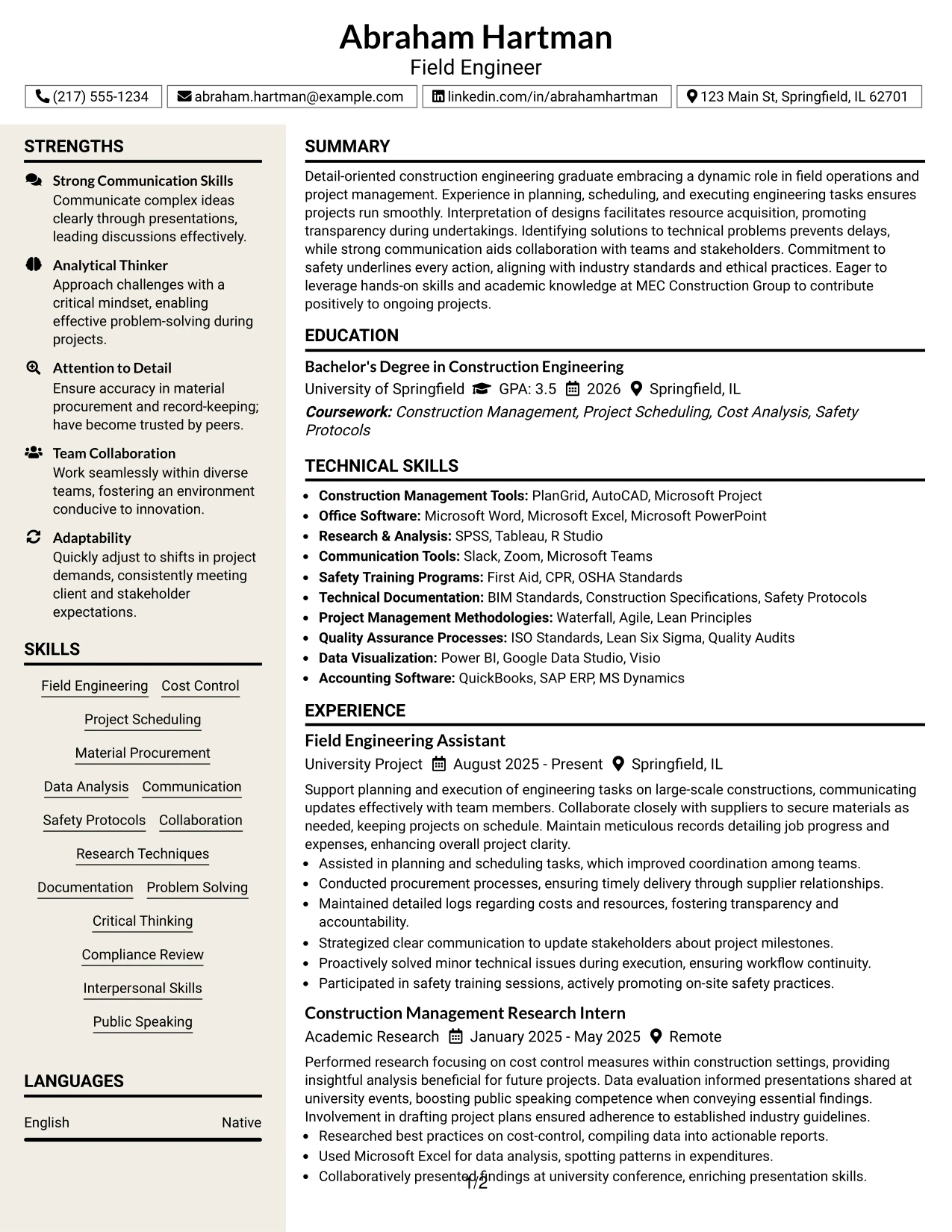 Resume Example Page 1