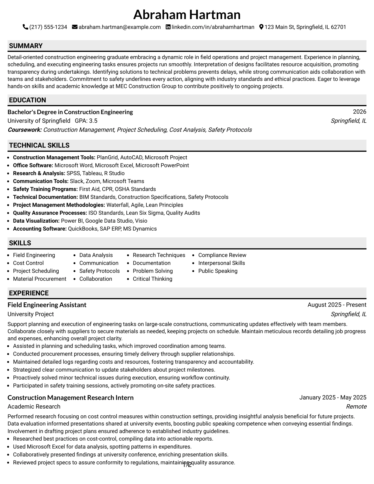 Resume Example Page 1