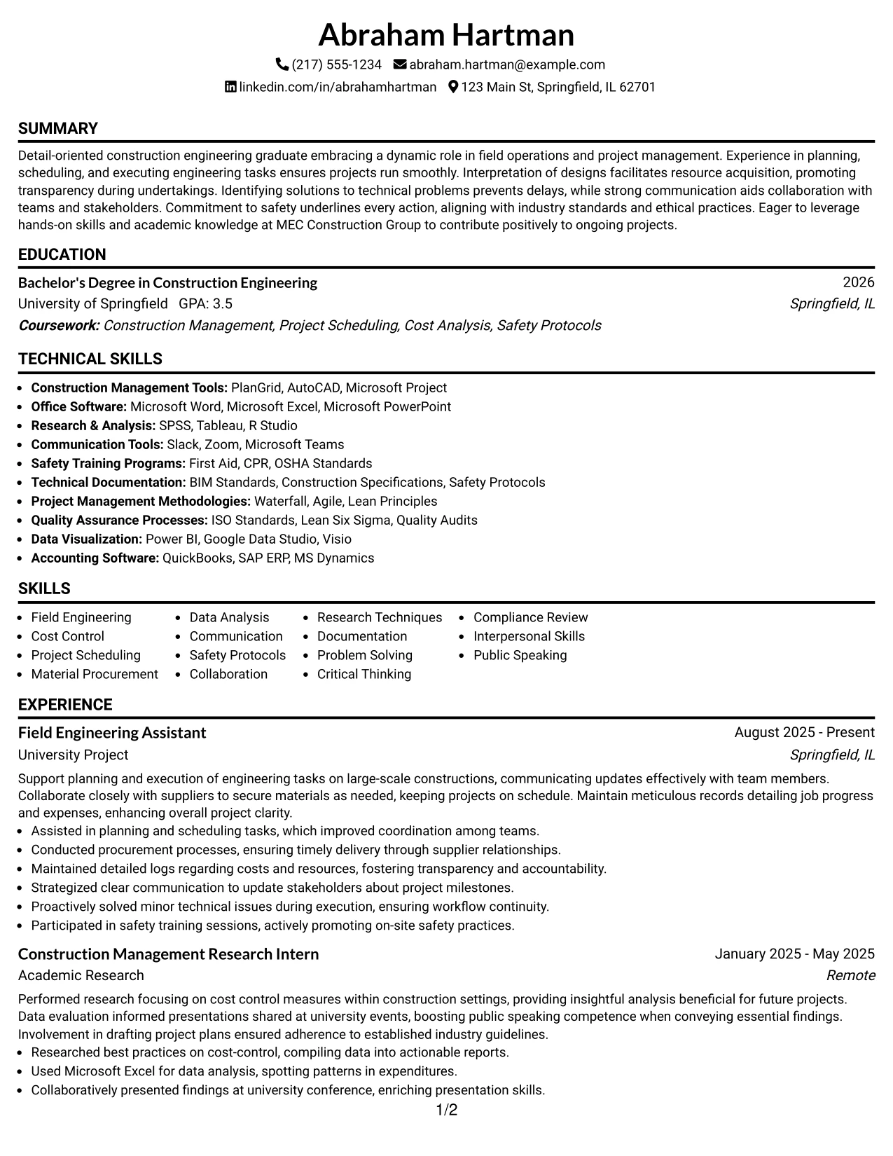 Resume Example Page 1