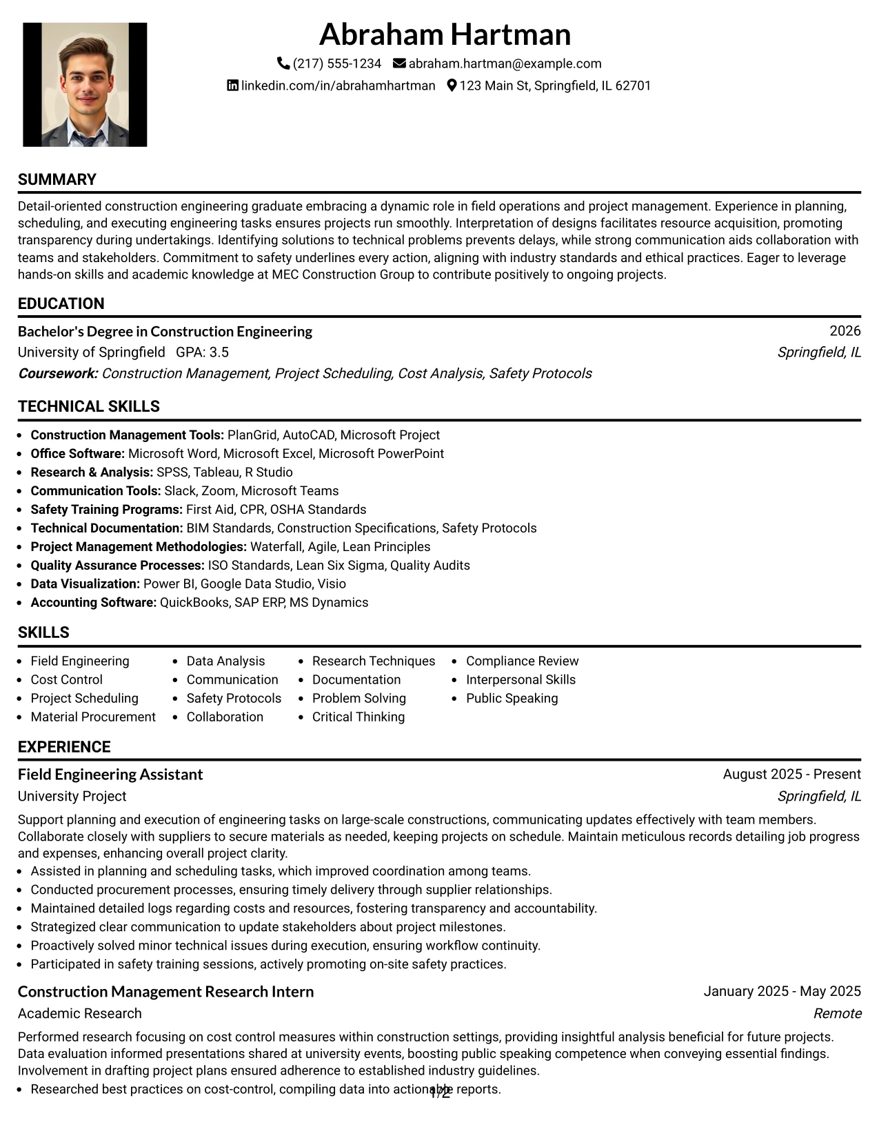 Resume Example Page 1