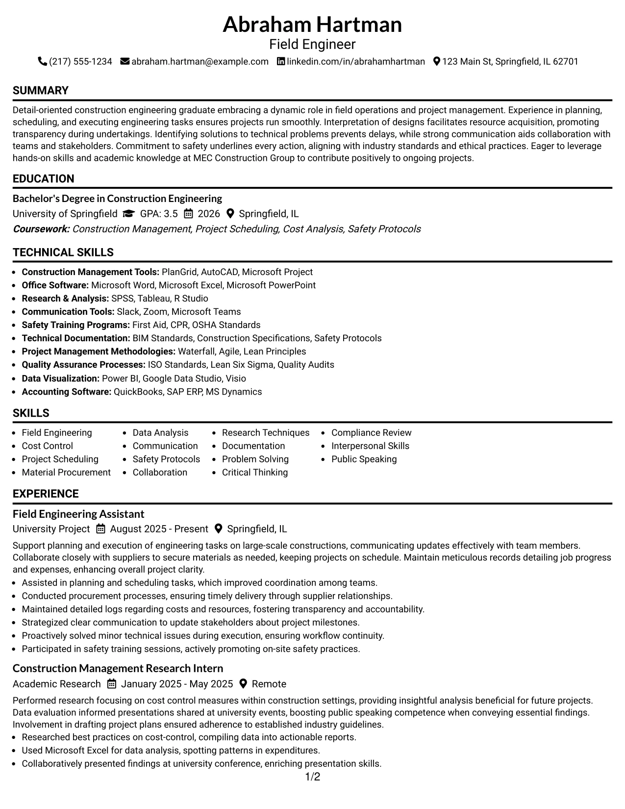 Resume Example Page 1