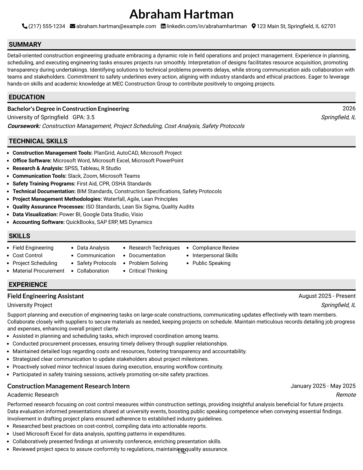 Resume Example Page 1