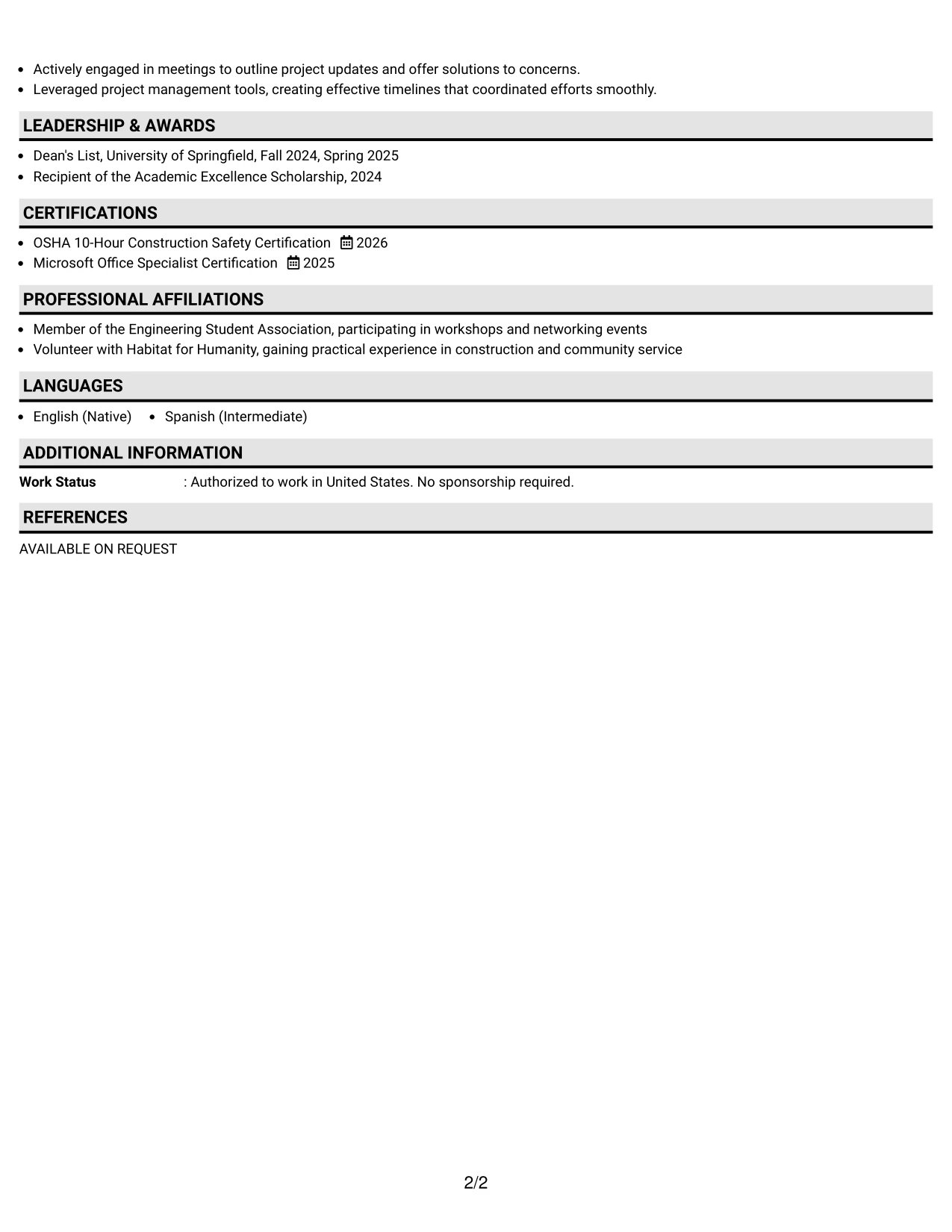 Resume Example Page 2
