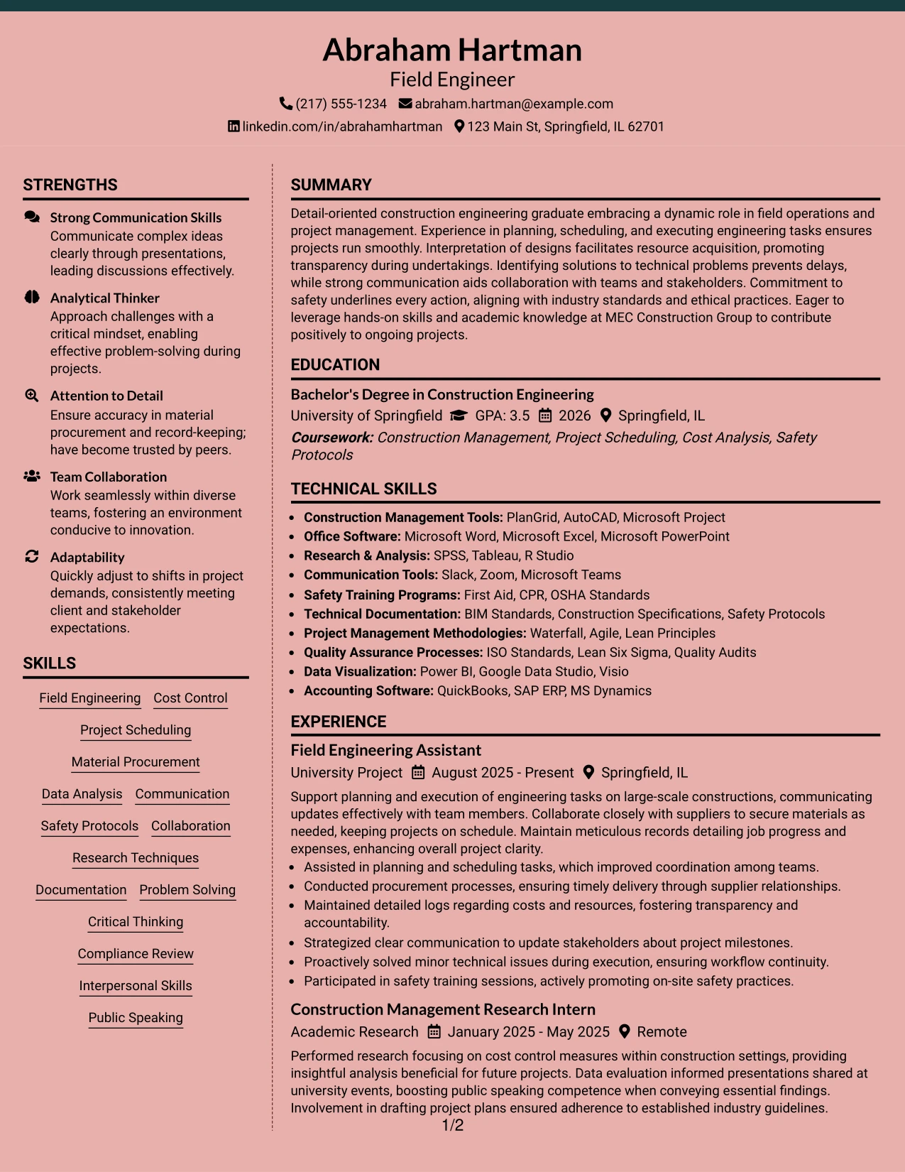 Resume Example Page 1