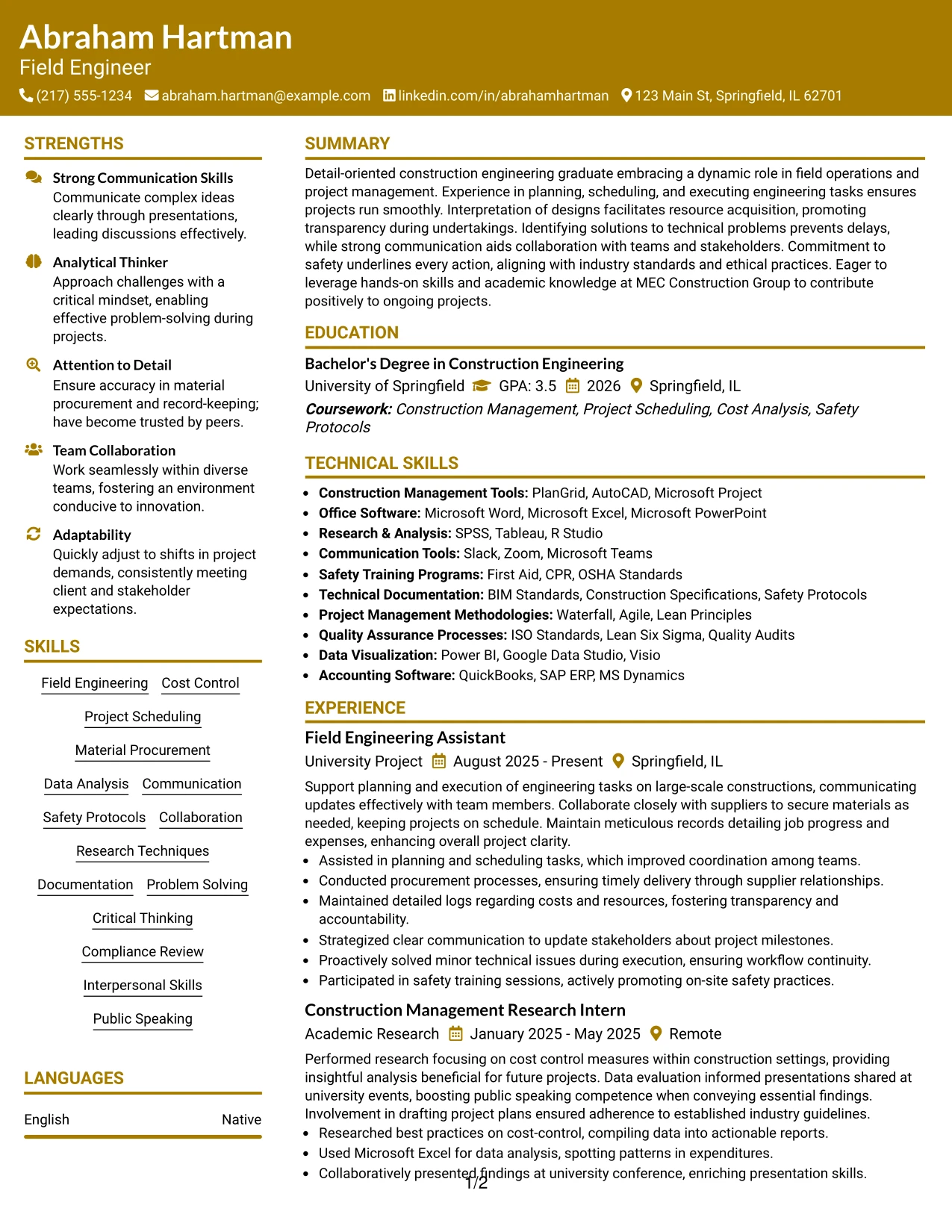 Resume Example Page 1