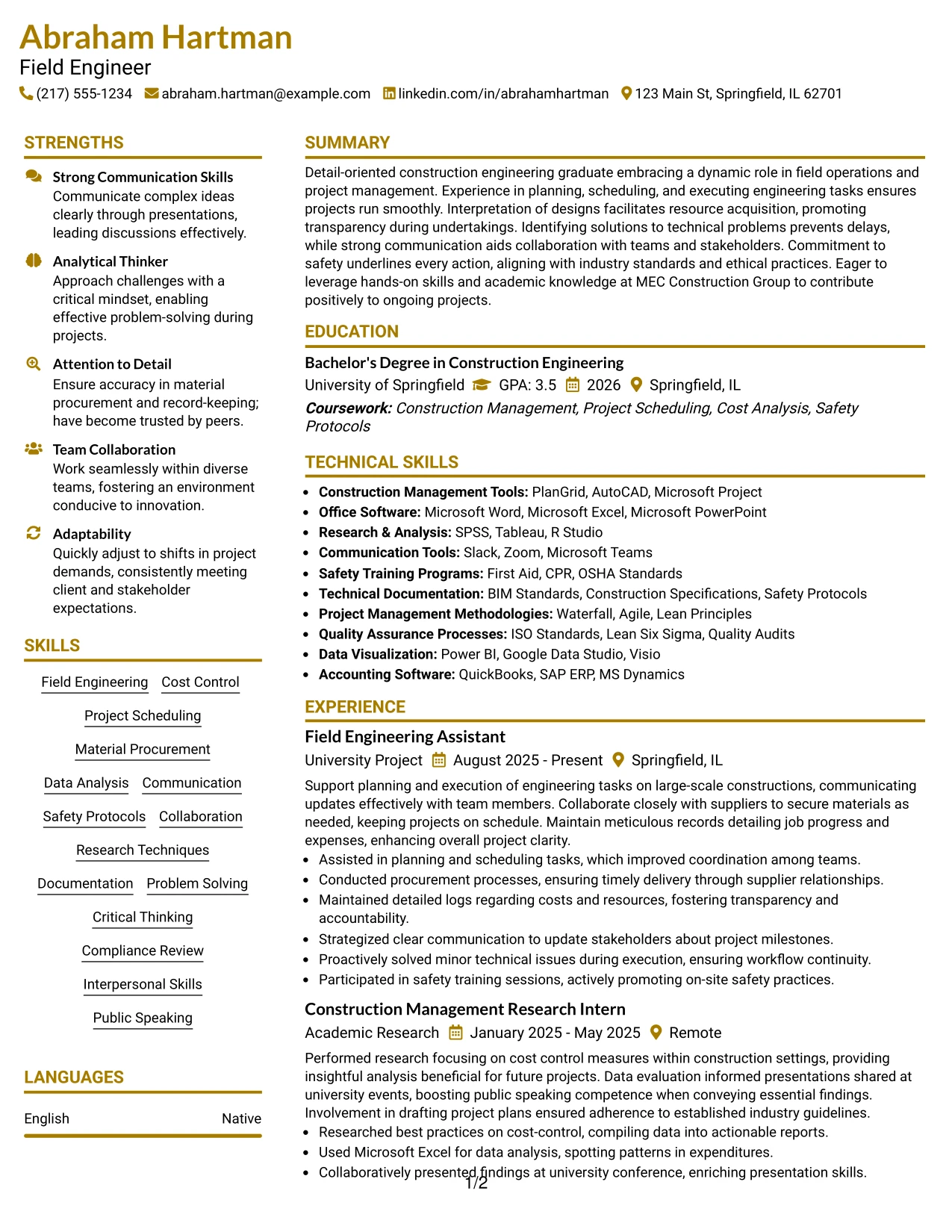 Resume Example Page 1