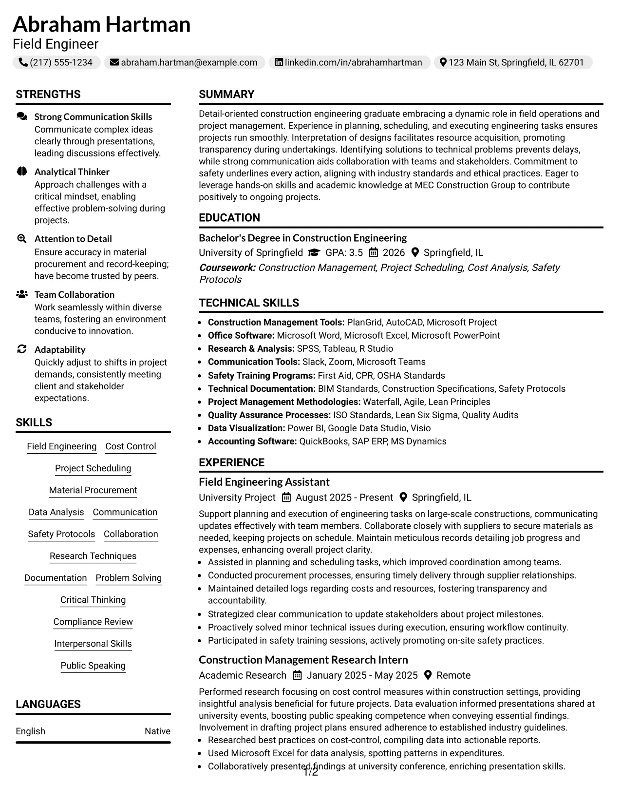 Resume Example Page 1