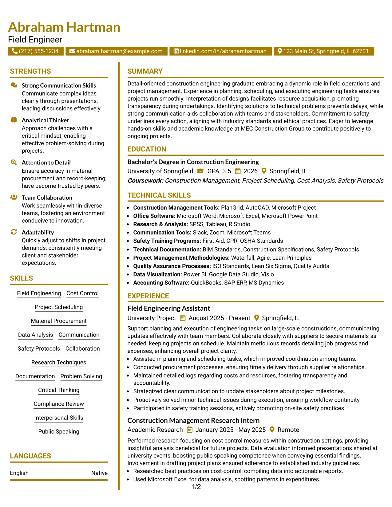 Resume Example Page 1