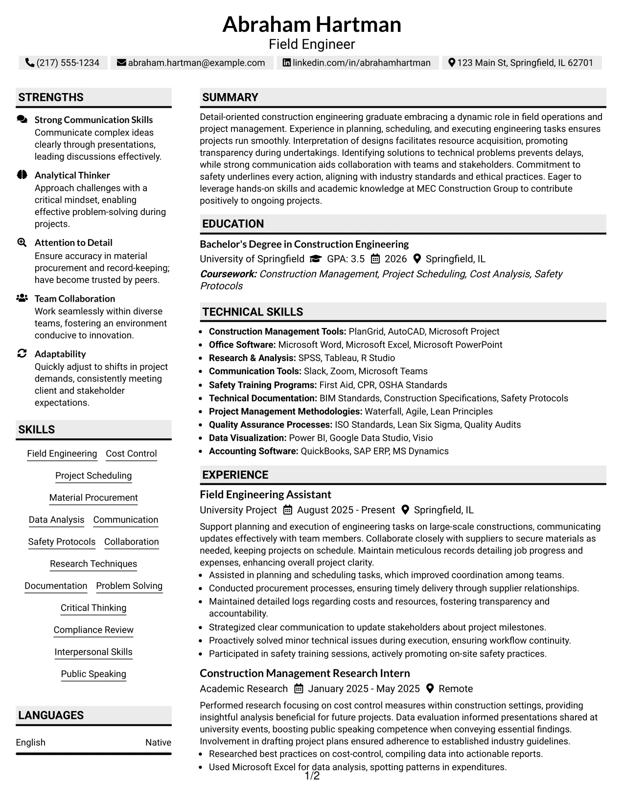 Resume Example Page 1