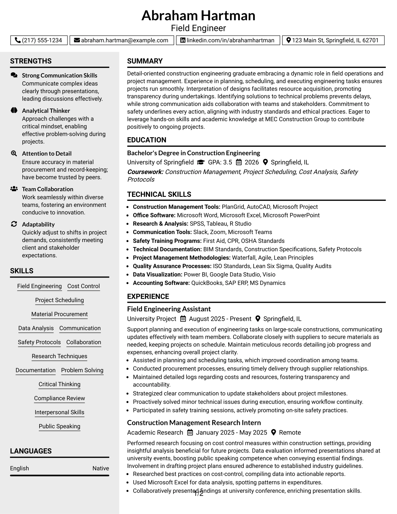 Resume Example Page 1