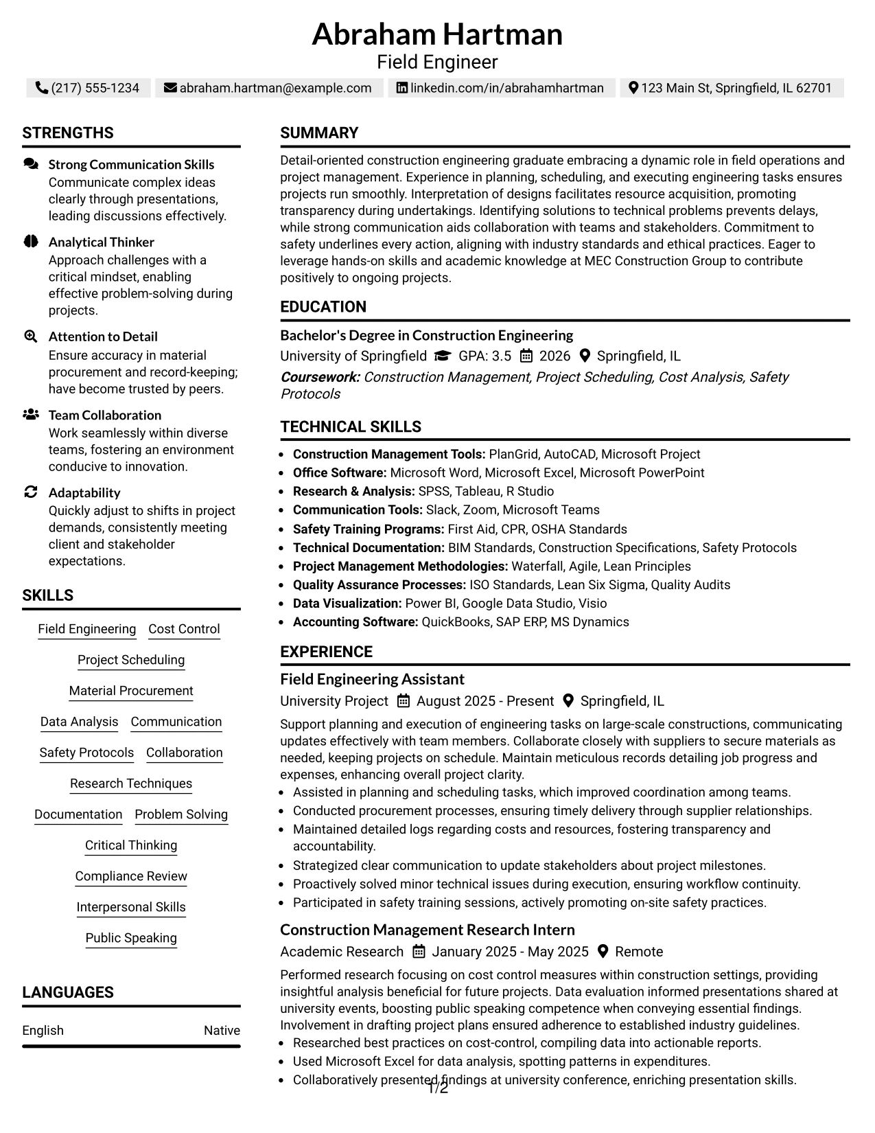 Resume Example Page 1