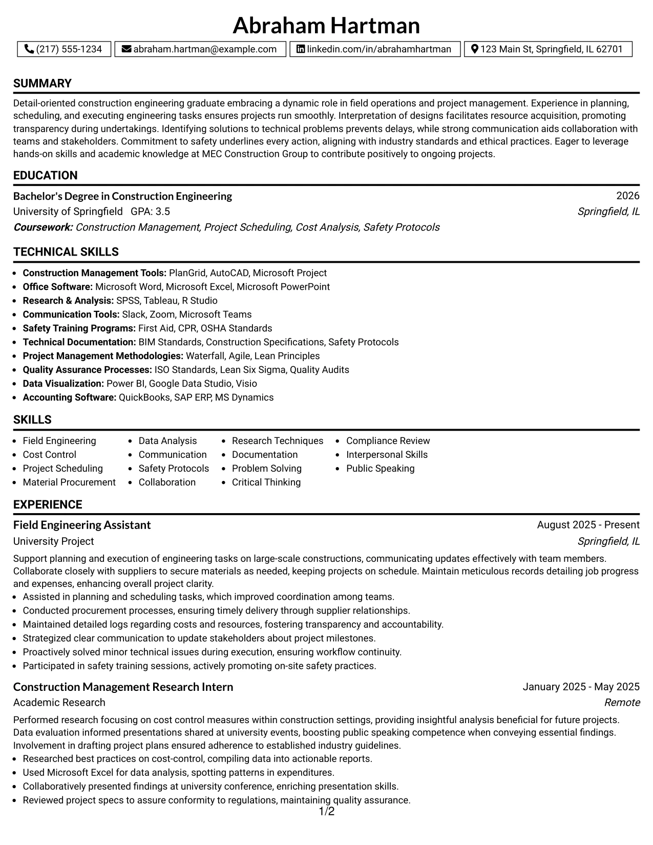 Resume Example Page 1