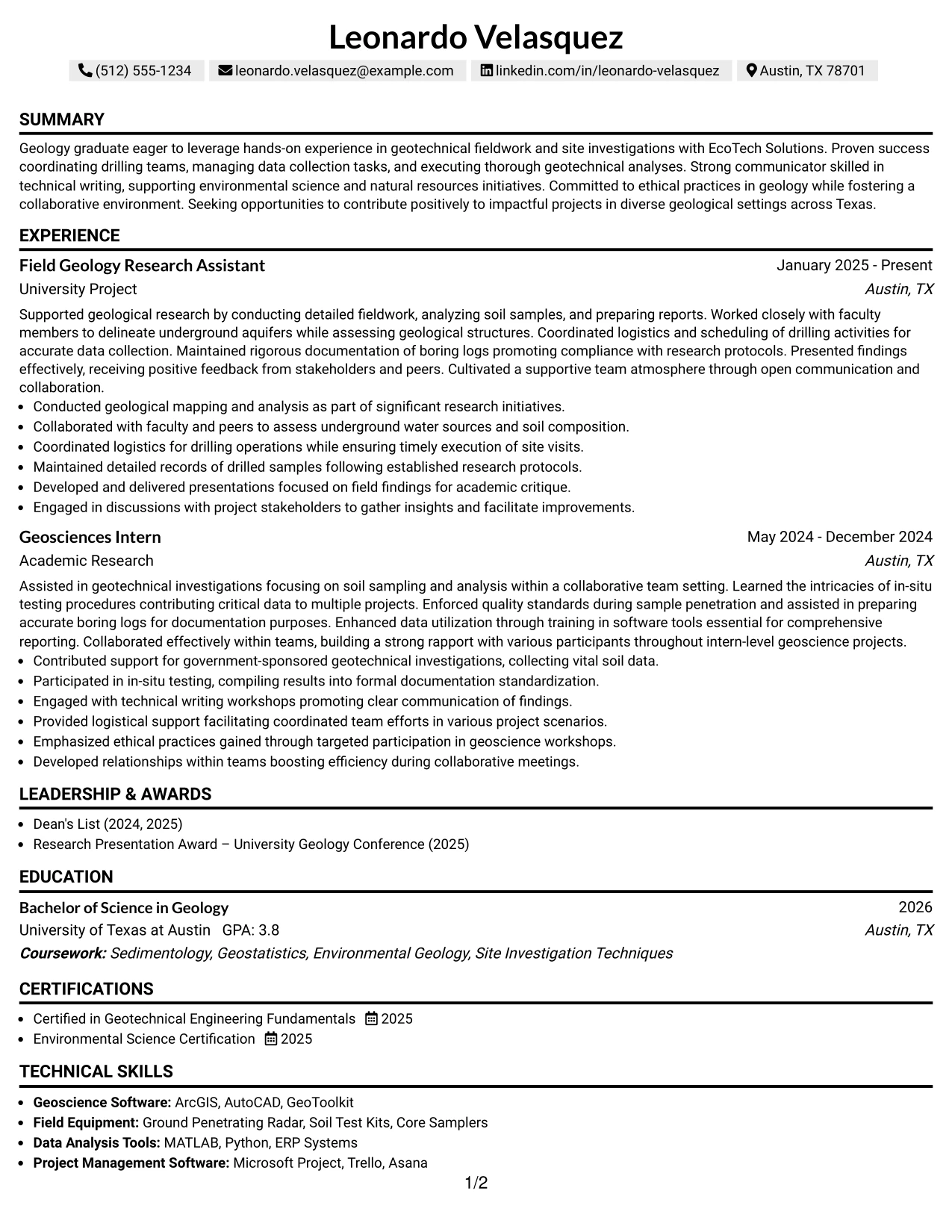 Resume Example Page 1