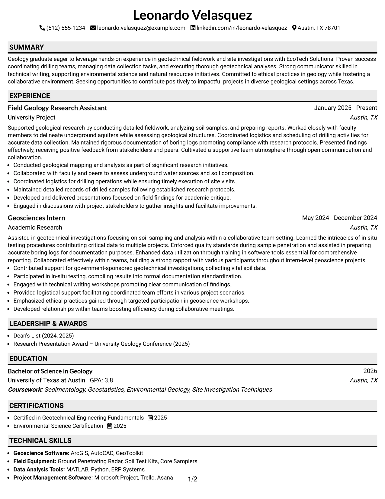 Resume Example Page 1