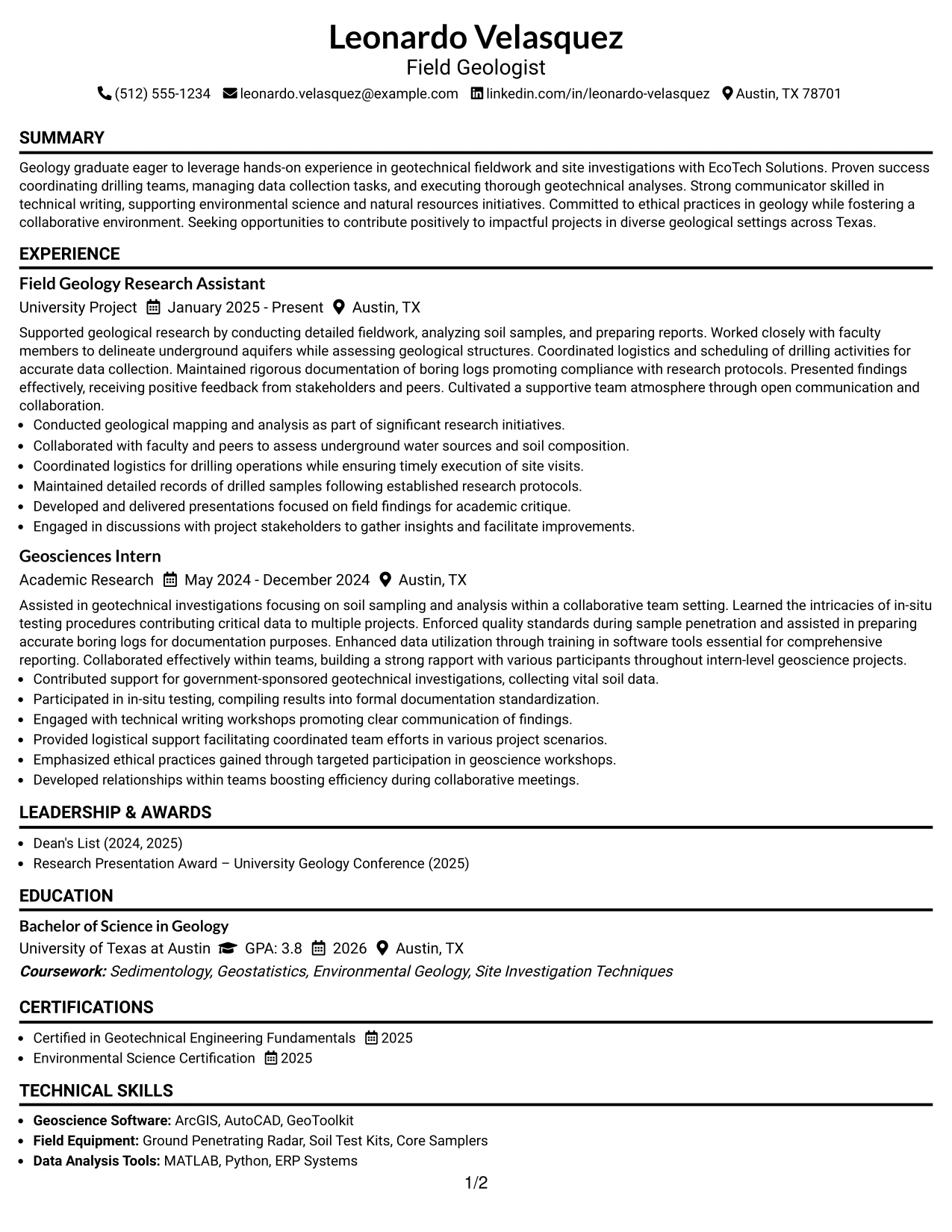 Resume Example Page 1