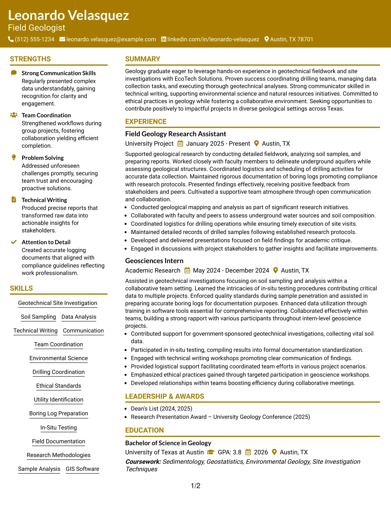 Resume Example Page 1