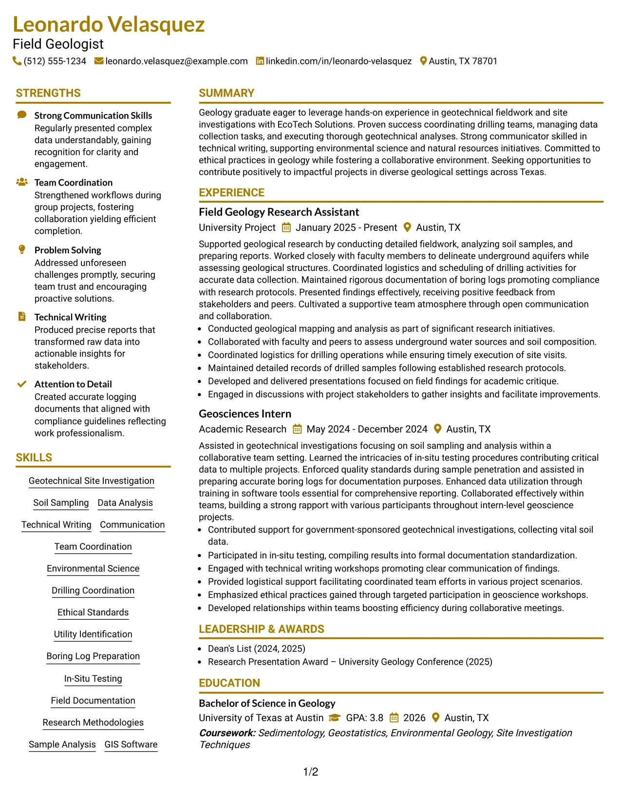 Resume Example Page 1