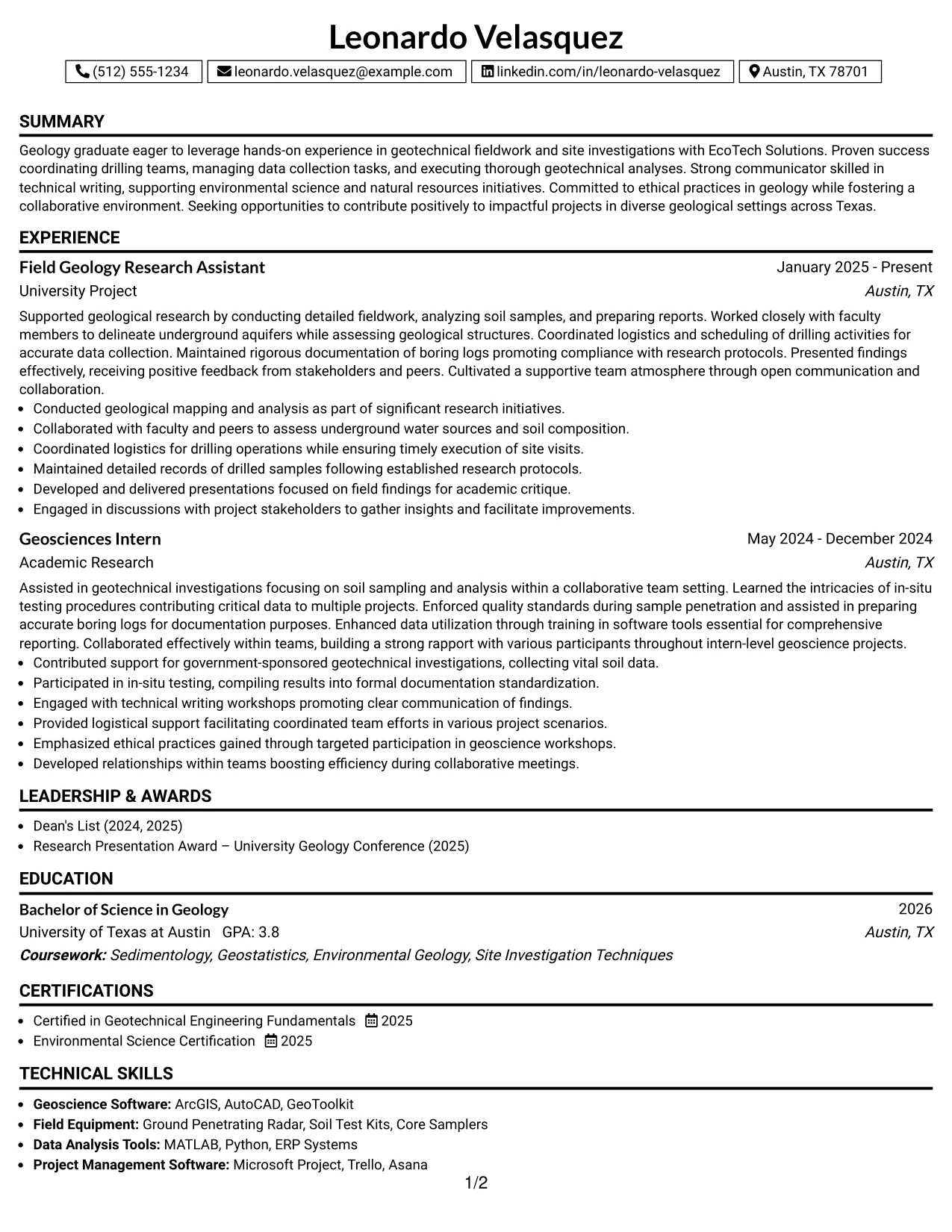 Resume Example Page 1