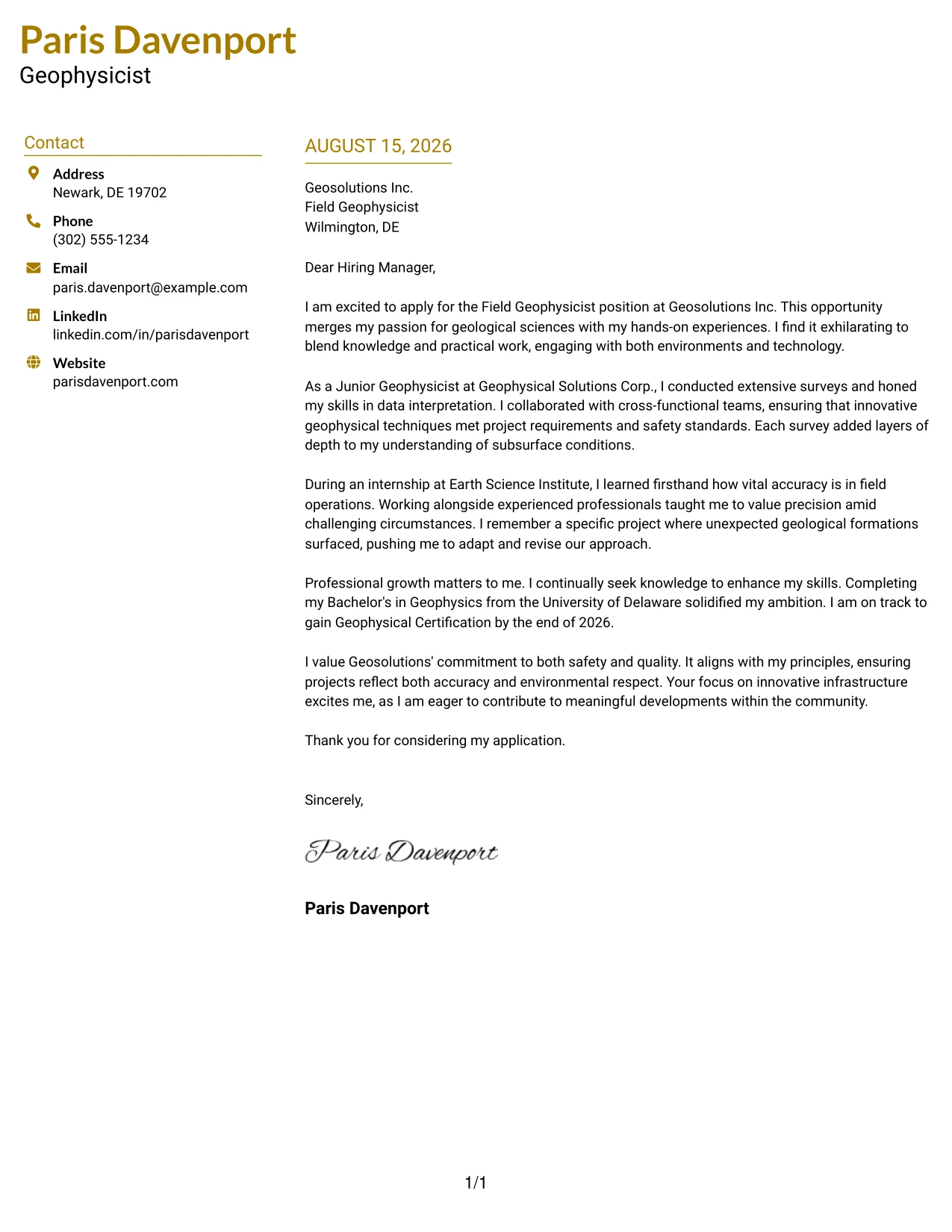 Resume Example Page 1