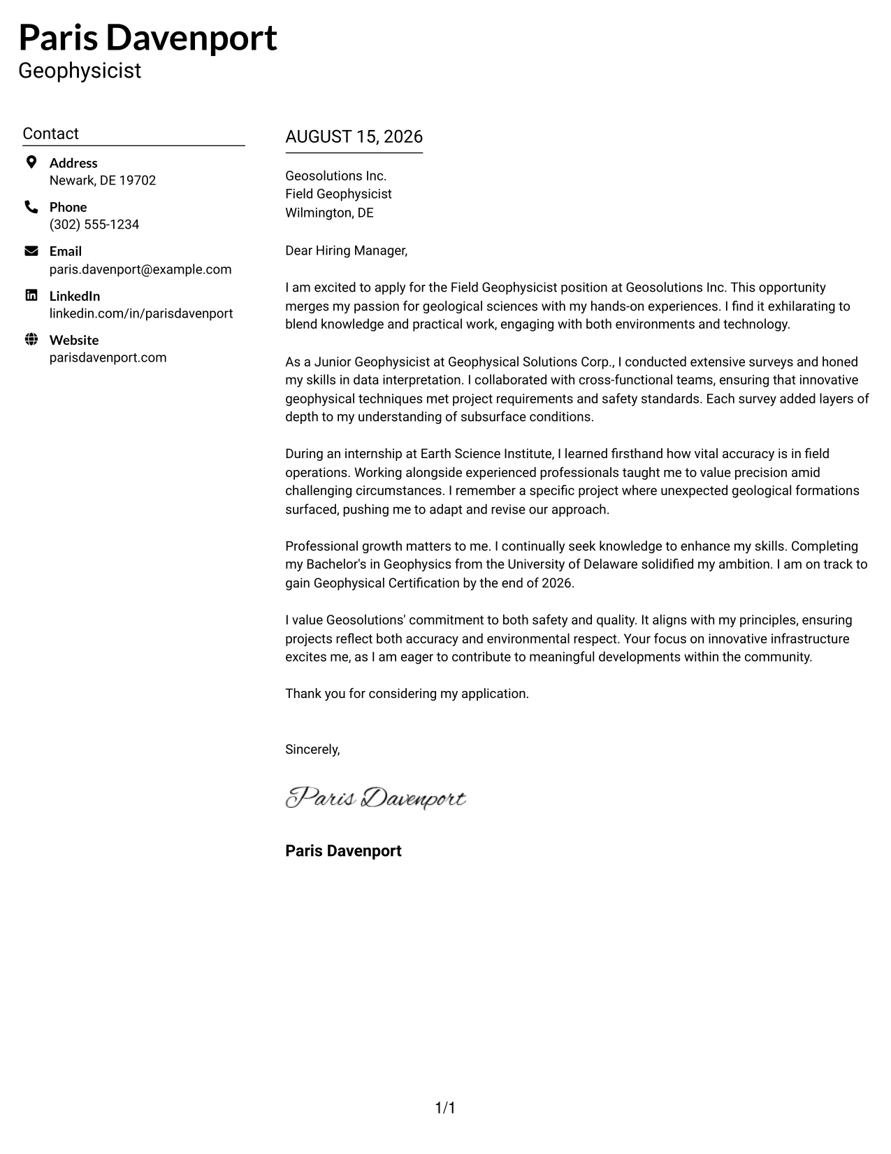 Resume Example Page 1
