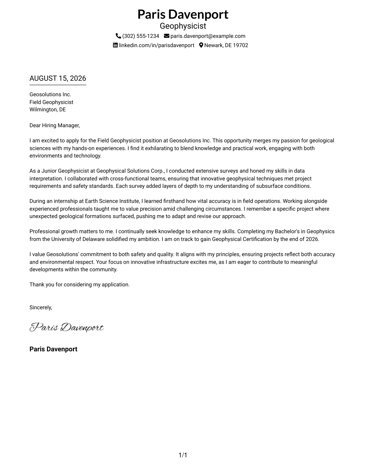 Resume Example Page 1