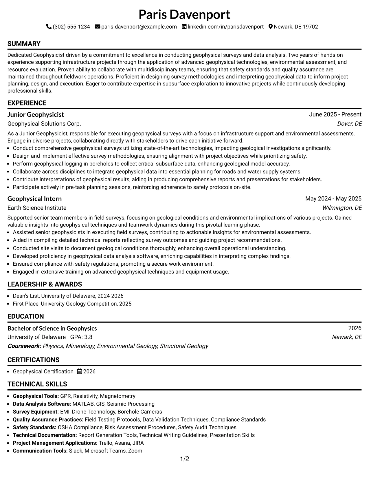 Resume Example Page 1