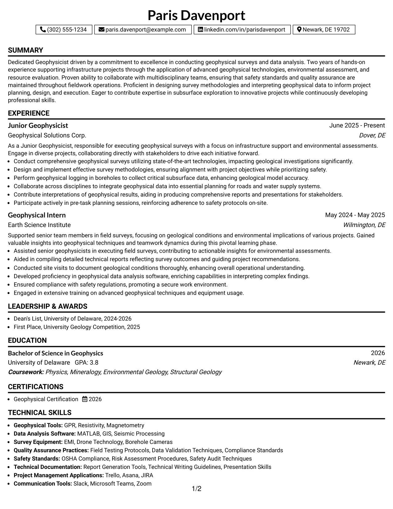 Resume Example Page 1